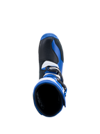 Alpinestars Tech-T Stiefel, Trial-Motorradstiefel in Blau und Schwarz, Draufsicht auf Einstiegsöffnung und Lederkonstruktion.