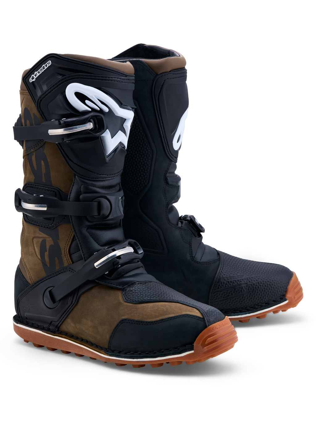Alpinestars Tech-T Stiefel, Trial-Motorradstiefel in Braun und Schwarz, aus Leder mit ergonomischer TPU-Schienbeinplatte und griffiger Gummisohle, CE-zertifiziert.