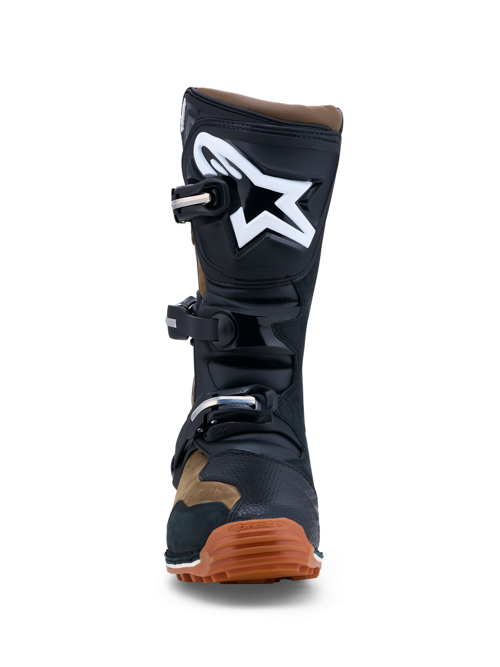 Alpinestars Tech-T Stiefel, Trial-Motorradstiefel für Herren, Schwarz und Braun, Leder mit TPU-Schienbeinplatte, weißem Logo und griffiger Gummisohle.