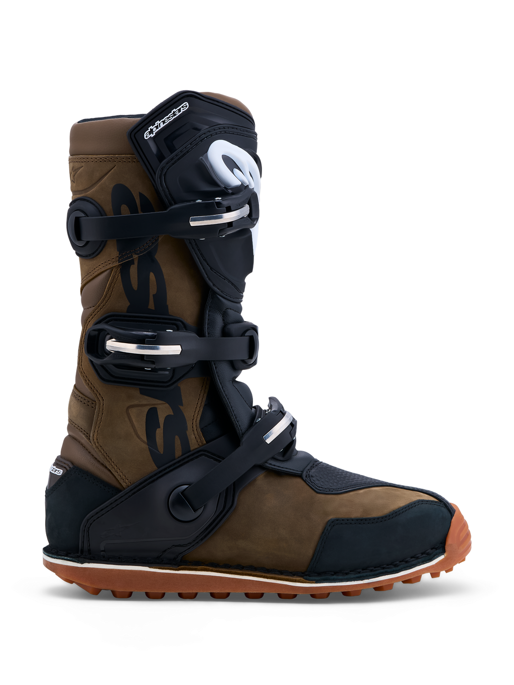 Alpinestars Tech-T Stiefel, braune und schwarze Trial-Motorradstiefel aus Leder mit drei Schnallen und Gummisohle.