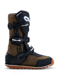 Alpinestars Tech-T Stiefel, braune und schwarze Trial-Motorradstiefel aus Leder mit drei Schnallen und Gummisohle.