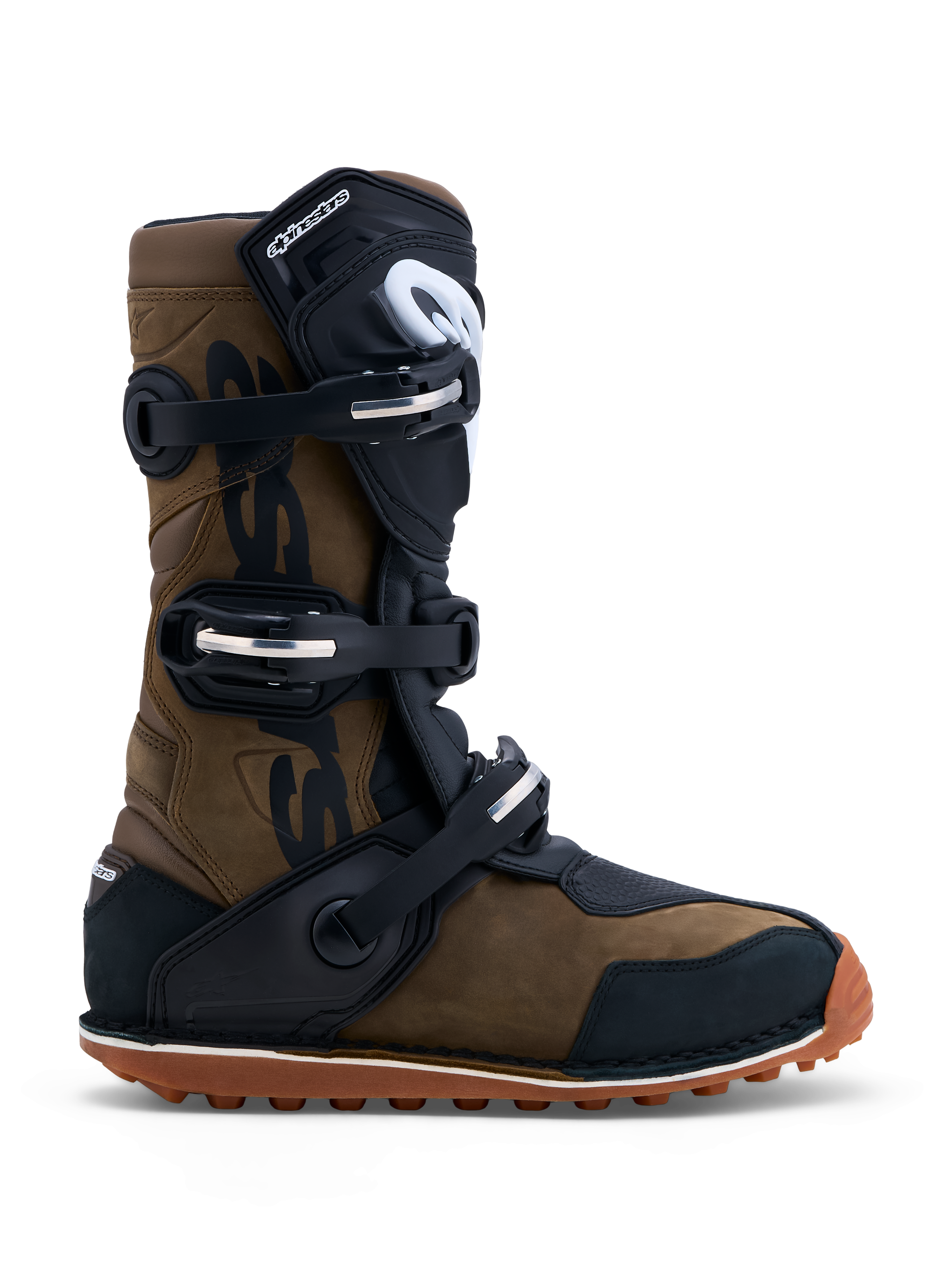 Alpinestars Tech-T Stiefel, braune und schwarze Trial-Motorradstiefel aus Leder mit drei Schnallen und Gummisohle.