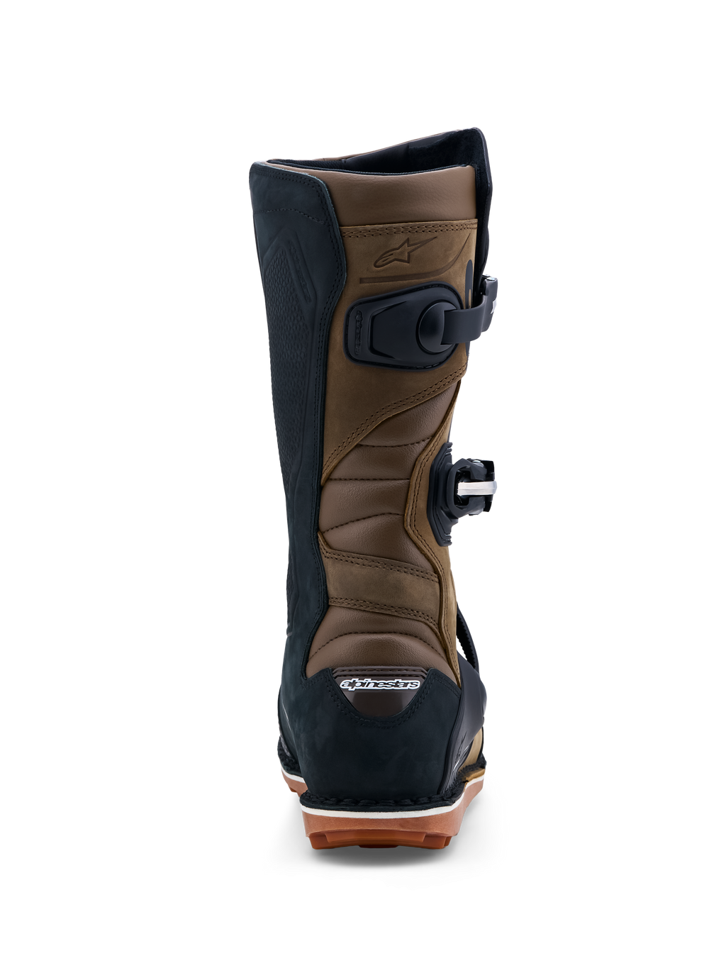 Alpinestars Tech-T Herren-Trial-Motorradstiefel, Braun und Schwarz, Leder mit Akkordeon-Flexzonen und Gummisohle.