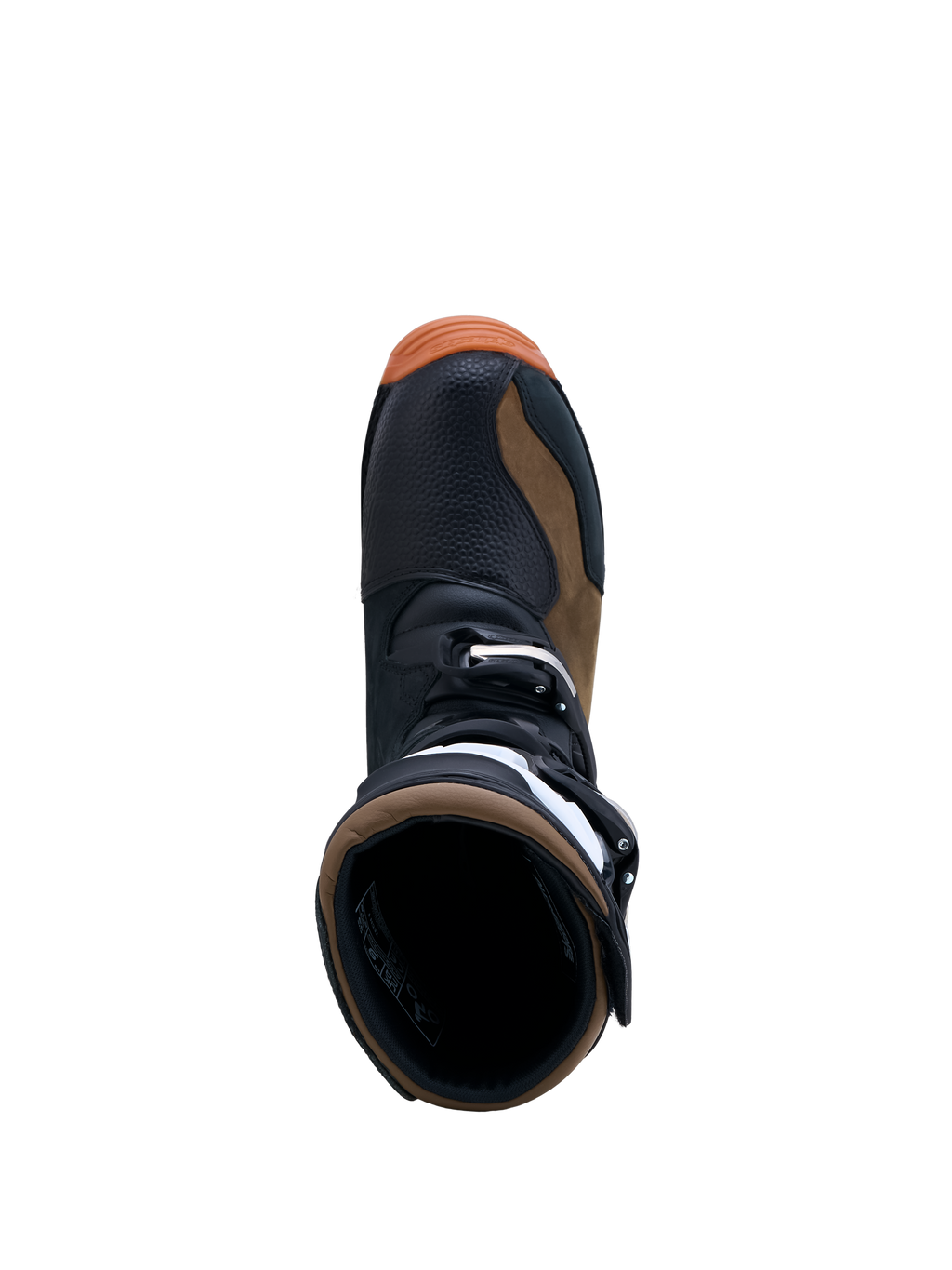 Alpinestars Tech-T Stiefel, Trial-Motorradstiefel für Herren, Schwarz und Braun, Leder, Draufsicht auf die Stiefelöffnung.