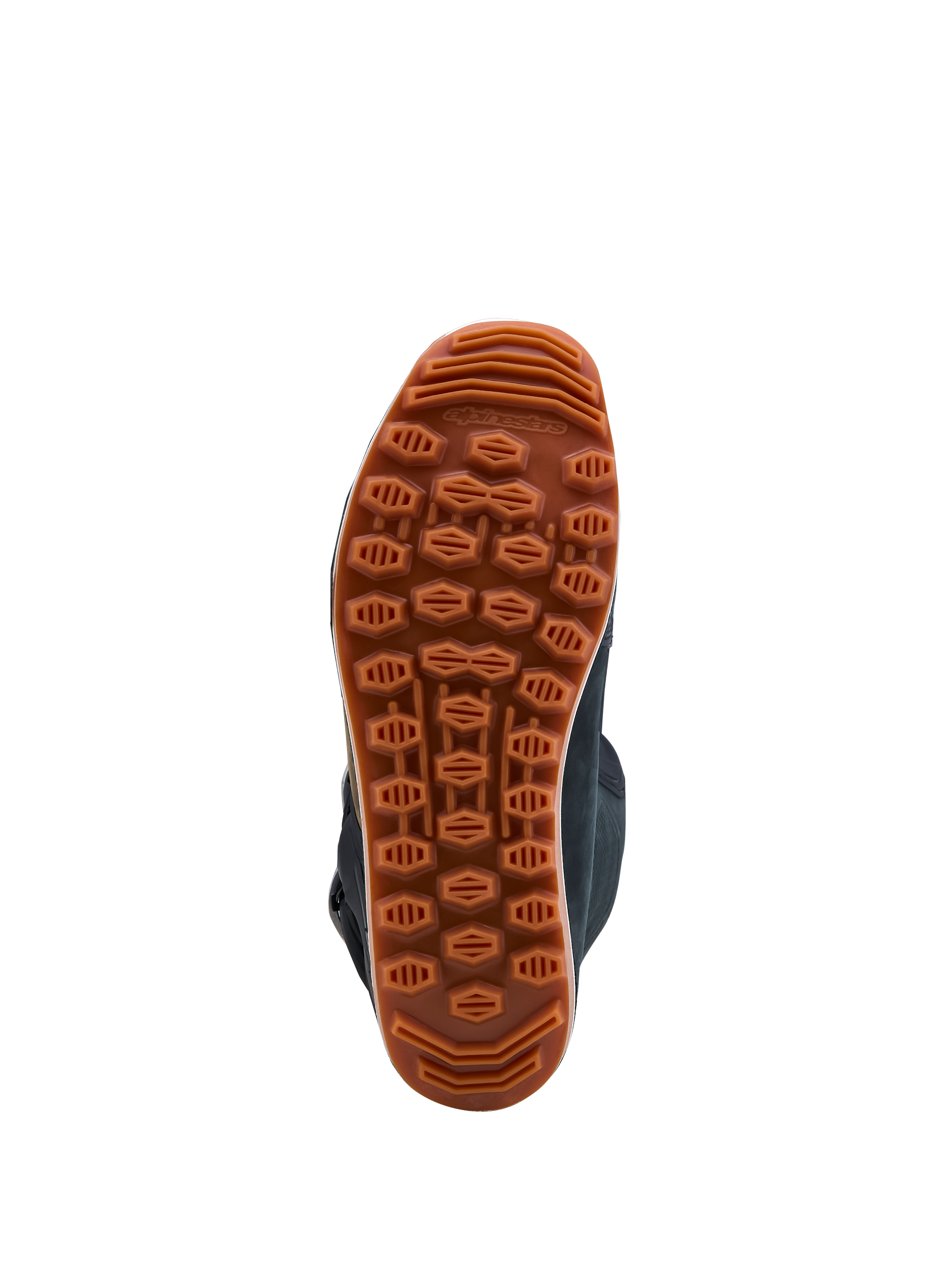 Alpinestars Tech-T Stiefel, braune Gummisohle mit grobem Geländeprofil für Trial-Fahrten, maximaler Grip.