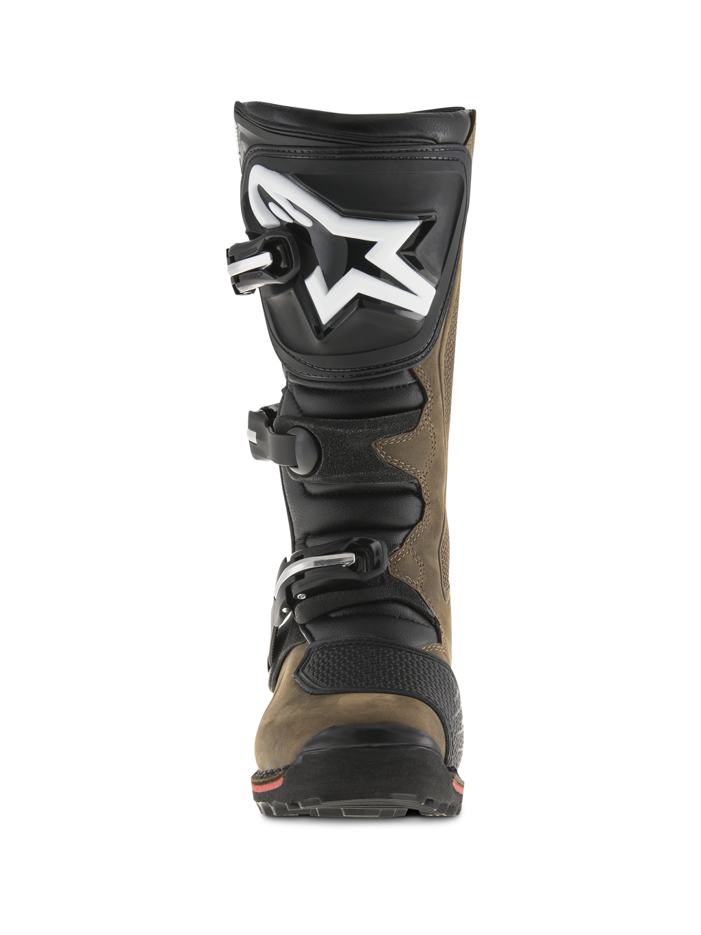 Alpinestars Tech-T Stiefel, Trial-Motorradstiefel, Braun Geölt und Schwarz, Vorderansicht mit ergonomischer Schienbeinplatte und großem weißen Logo, Drei-Schnallen-Verschlusssystem und spezieller Sohle für technisches Gelände