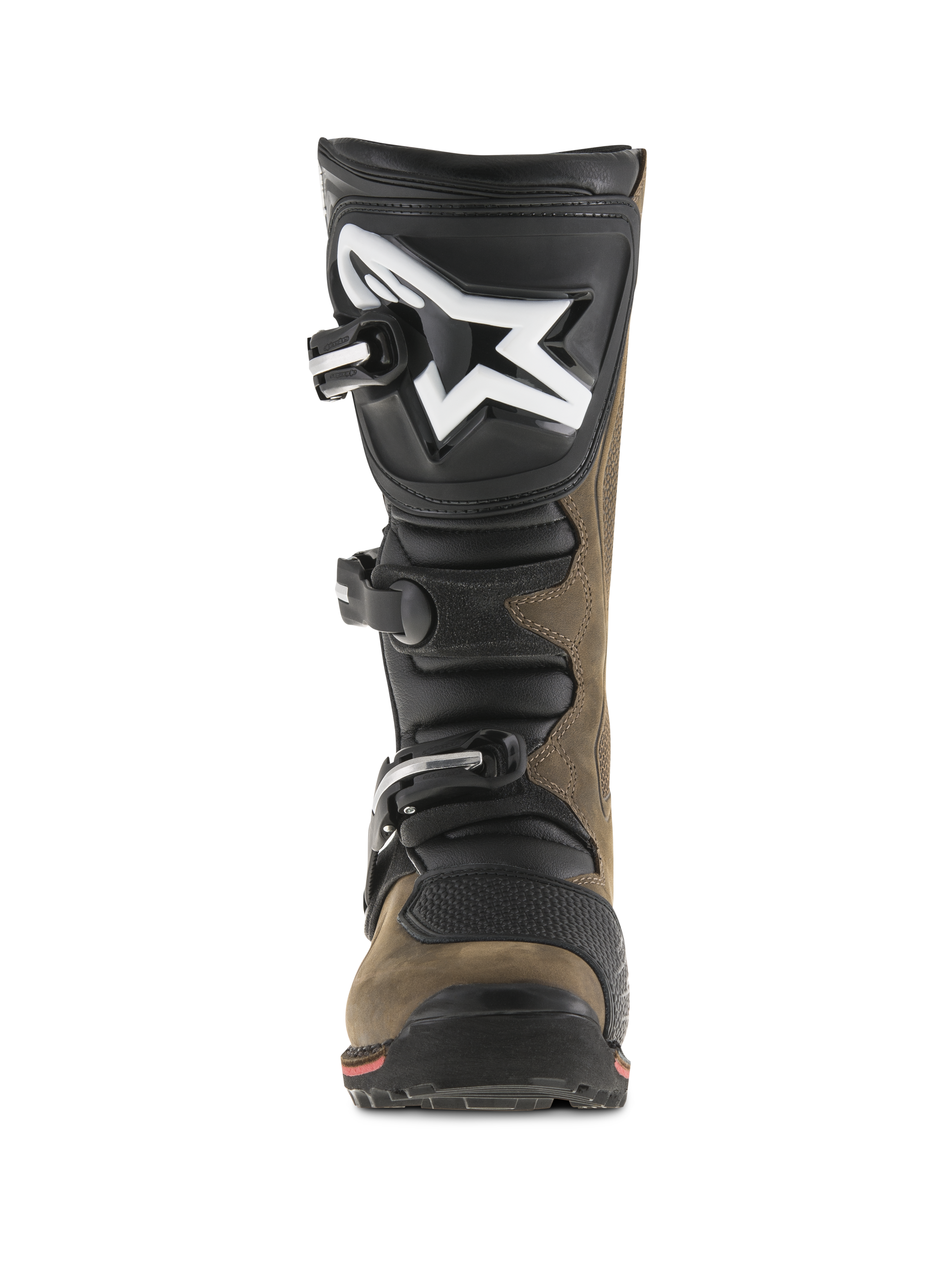 Alpinestars Tech-T Stiefel, Trial-Motorradstiefel, Braun Geölt und Schwarz, Vorderansicht mit ergonomischer Schienbeinplatte und großem weißen Logo, Drei-Schnallen-Verschlusssystem und spezieller Sohle für technisches Gelände