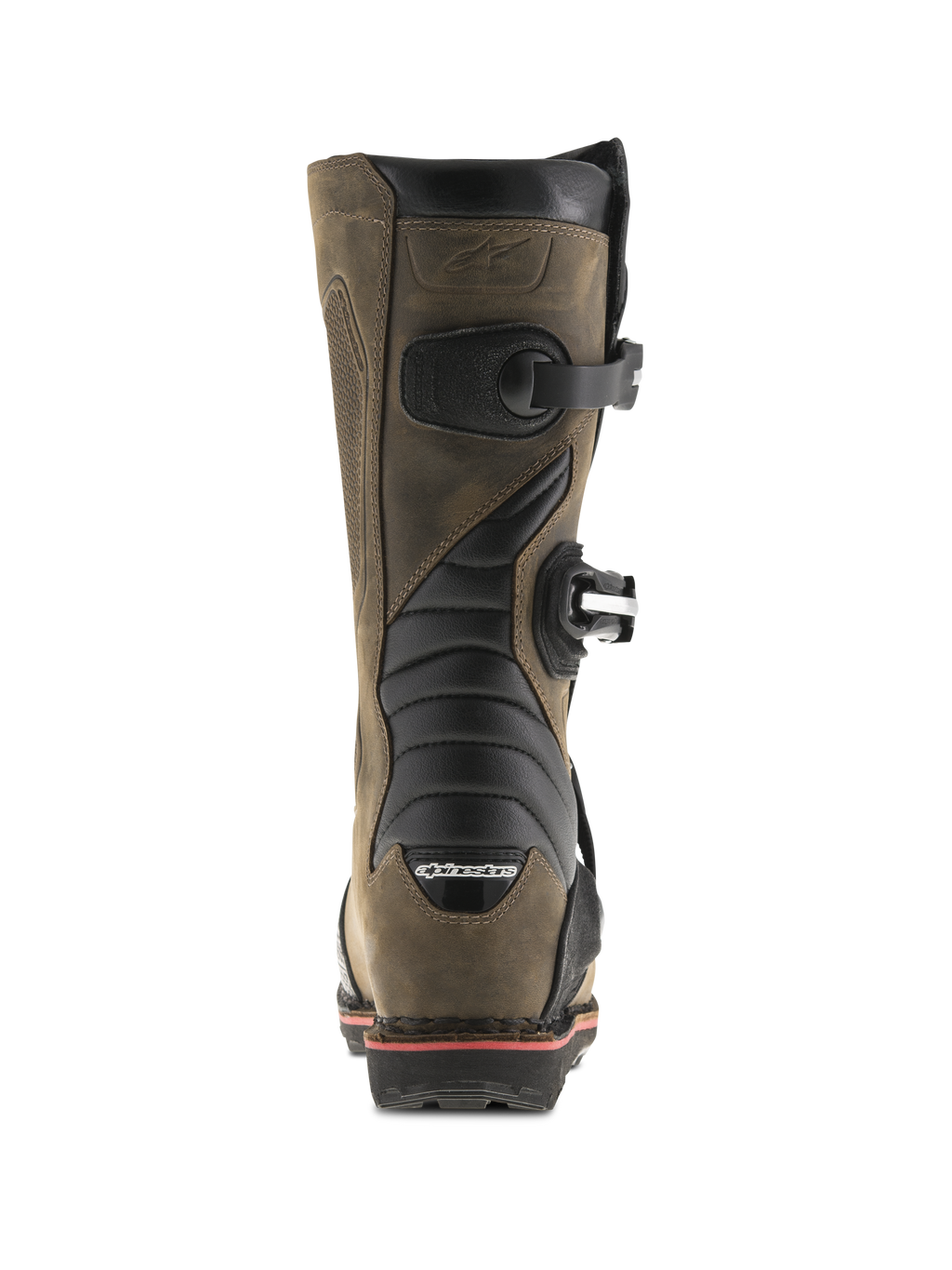 Alpinestars Tech-T Stiefel, Braun geölt, Rückansicht mit schwarzen Akkordeon-Flexzonen, seitlichen Schnallen und Alpinestars-Branding an der Ferse, professionelle Trial-Motorradstiefel mit robustem Leder-Finish