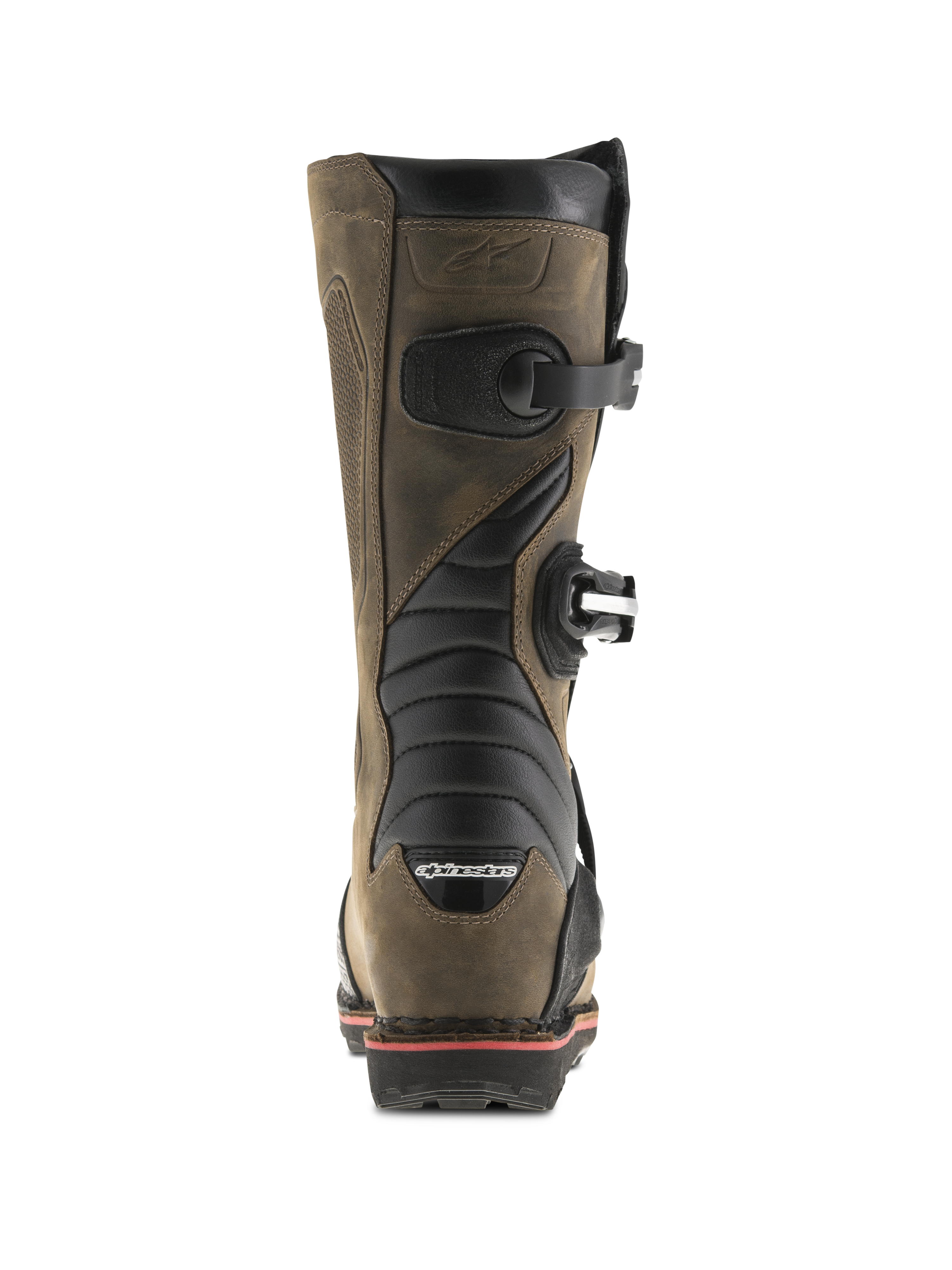 Alpinestars Tech-T Stiefel, Braun geölt, Rückansicht mit schwarzen Akkordeon-Flexzonen, seitlichen Schnallen und Alpinestars-Branding an der Ferse, professionelle Trial-Motorradstiefel mit robustem Leder-Finish