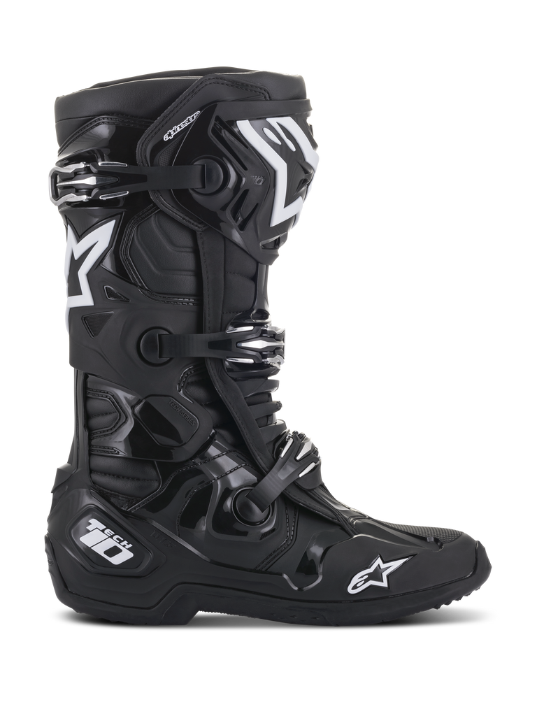 Alpinestars Tech 10 Boots, Motocross Boots, Black, side profile view featuring white Alpinestars star logos and Tech 10 branding, triple buckle closure system, robust TPU shell and microfiber construction for professional off-road racing
