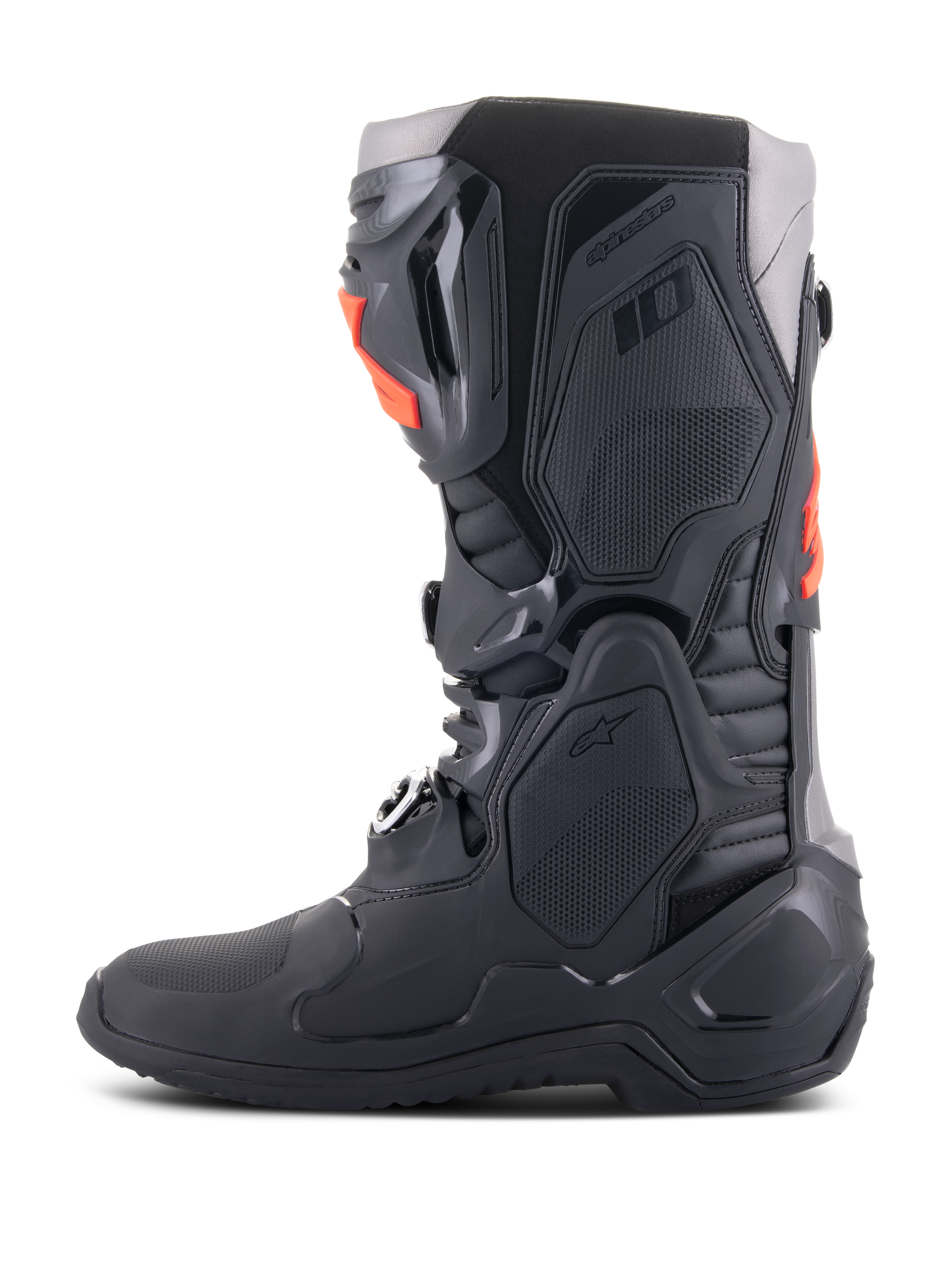 Alpinestars Tech 10 Boots, Motocross Boots, Black and Red Fluo, side profile view, featuring a multi-component chassis with protective TPU plates, aluminum buckles, and a streamlined design for off-road racing.
