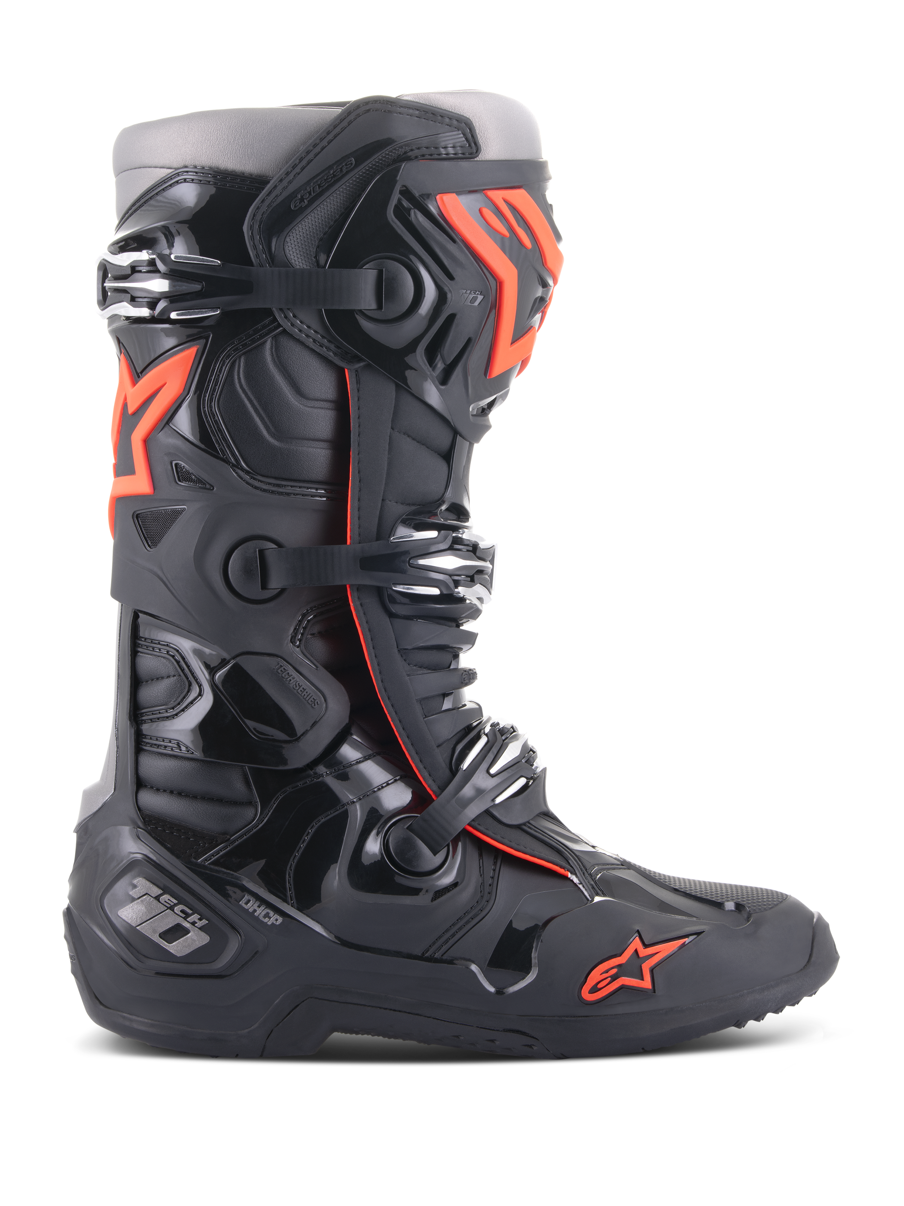 Alpinestars Tech 10 Boots, Motocross Off-Road Racing Boots, Black and Red Fluo, featuring a triple-buckle closure system, contoured TPU protective shell, red star logo on the toe, and high-performance construction for professional MX riding