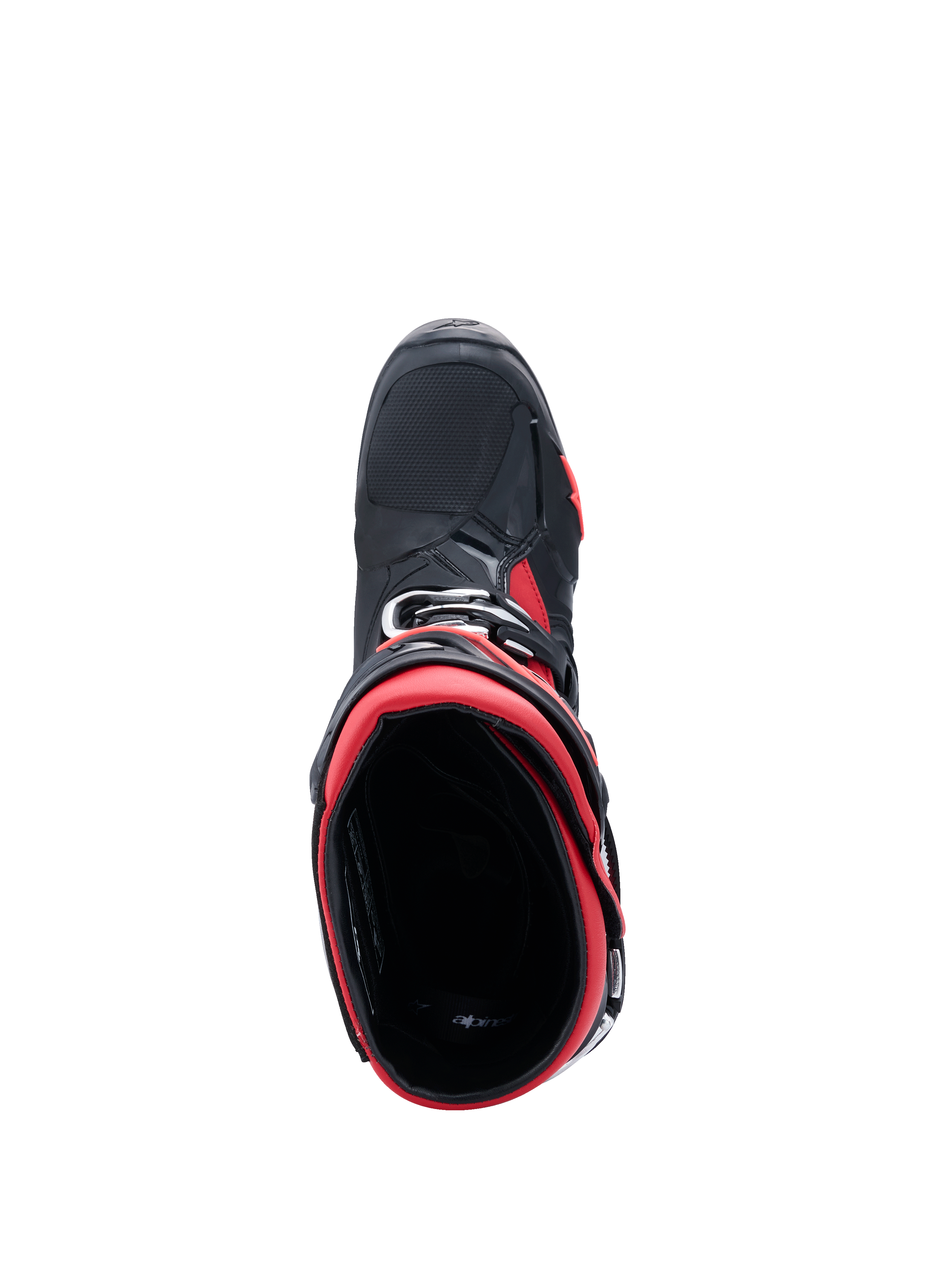Alpinestars Tech 10 Motocross Boots, Black and Red, top-down view looking into the boot opening, highlighting the red interior lining and black outer chassis with red accents, sleek professional off-road gear design