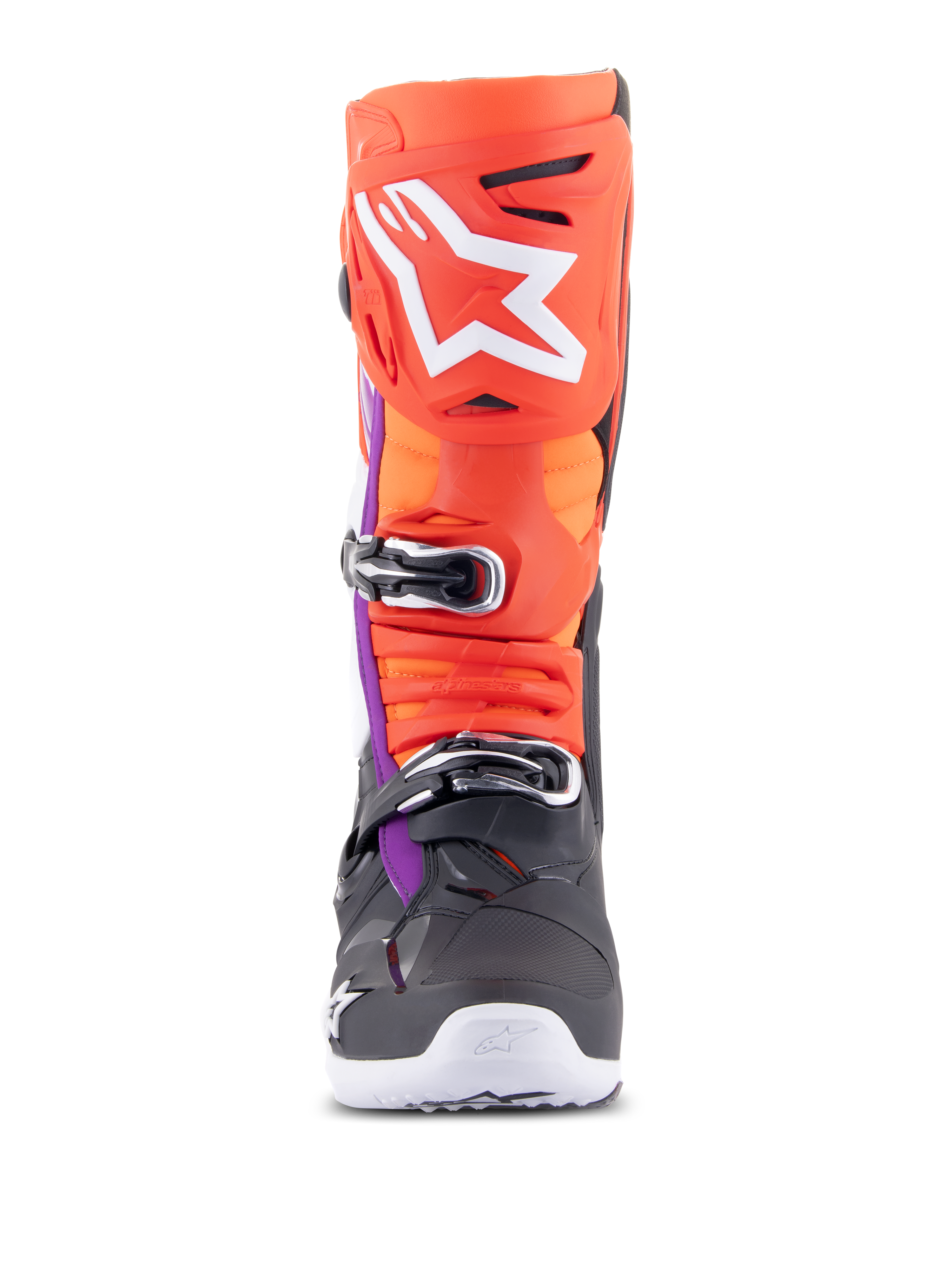 Alpinestars Tech 10 Stiefel, Motocross-Stiefel, Schwarz, Neonrot, Neonorange und Weiß mit violetten Akzenten, Vorderansicht mit Mehrfach-Schnallenverschlusssystem und großem weißen Logo auf dem Schienbeinschützer