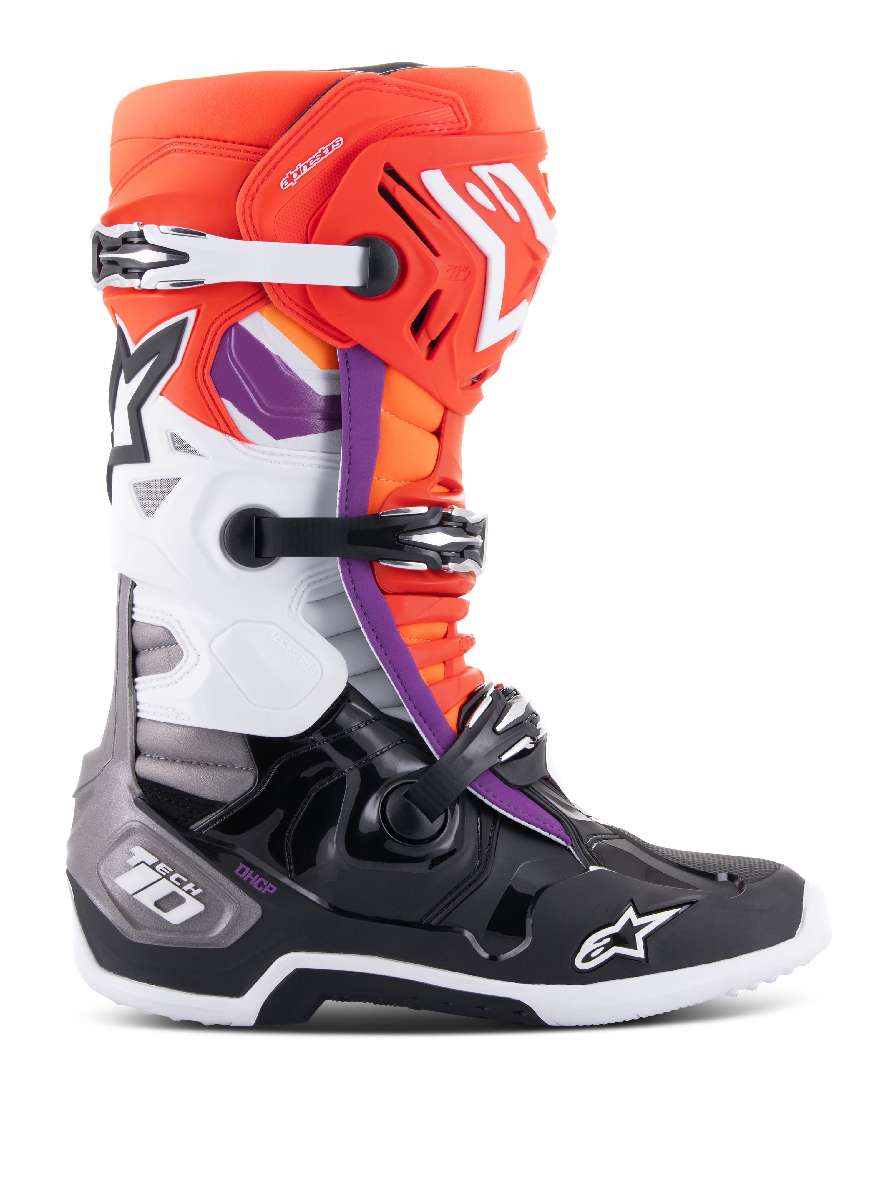 Alpinestars Tech 10 Stiefel, Motocross-Stiefel, Schwarz, Fluo-Orange, Weiß und lila Akzente, mit einem Dreifach-Schnallen-Verschlusssystem, Stern-Logos an Schienbein und Zehen sowie DHCP-Fersenschutz, Profilansicht von Offroad-Rennstiefeln