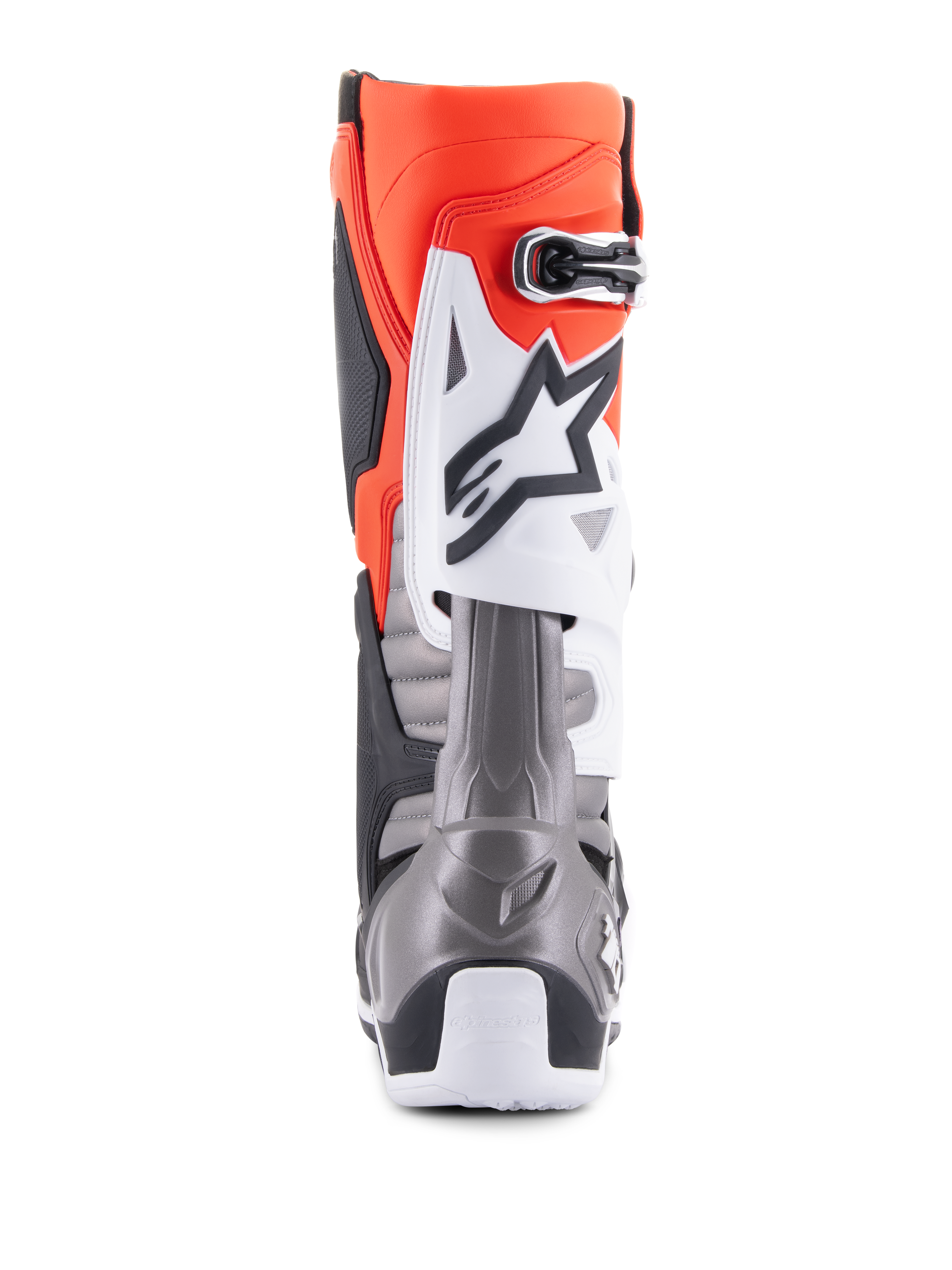 Alpinestars Tech 10 Stiefel, Motocross-Stiefel, Schwarz, Rot, Fluo-Orange und Weiß, Rückansicht mit leuchtend orangefarbenem Obermaterial, weißer Protektorenplatte mit schwarzem Logo und metallisch-grauem Fersenbereich für Offroad-Rennleistung