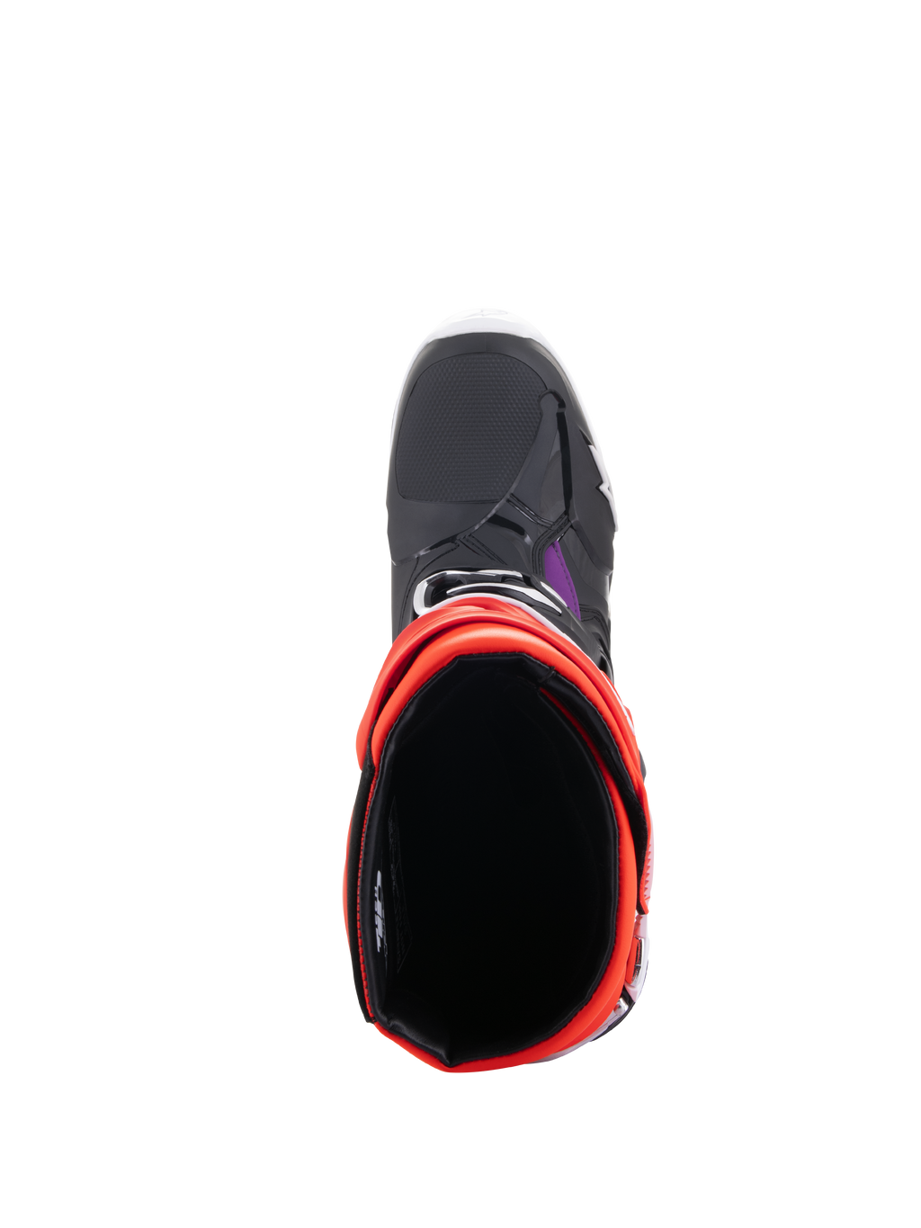 Alpinestars Tech 10 Stiefel, Motocross-Stiefel, Schwarz, Fluo-Rot, Fluo-Orange und Weiß, Ansicht von oben mit Darstellung der Innenöffnung und Zehenbox, schützendes Offroad-Schuhwerk