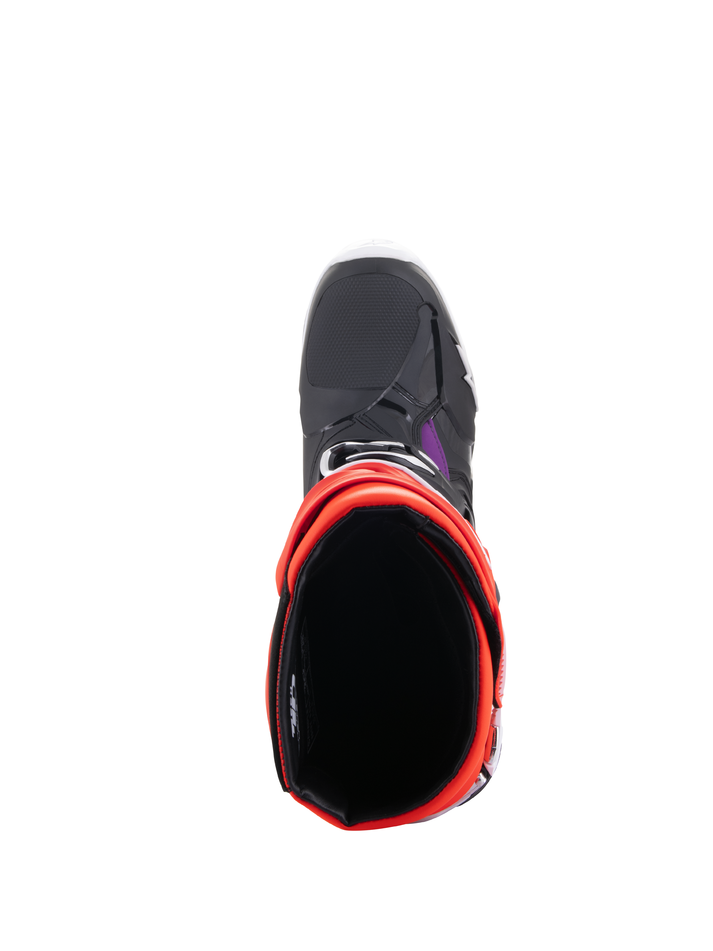 Alpinestars Tech 10 Stiefel, Motocross-Stiefel, Schwarz, Fluo-Rot, Fluo-Orange und Weiß, Ansicht von oben mit Darstellung der Innenöffnung und Zehenbox, schützendes Offroad-Schuhwerk