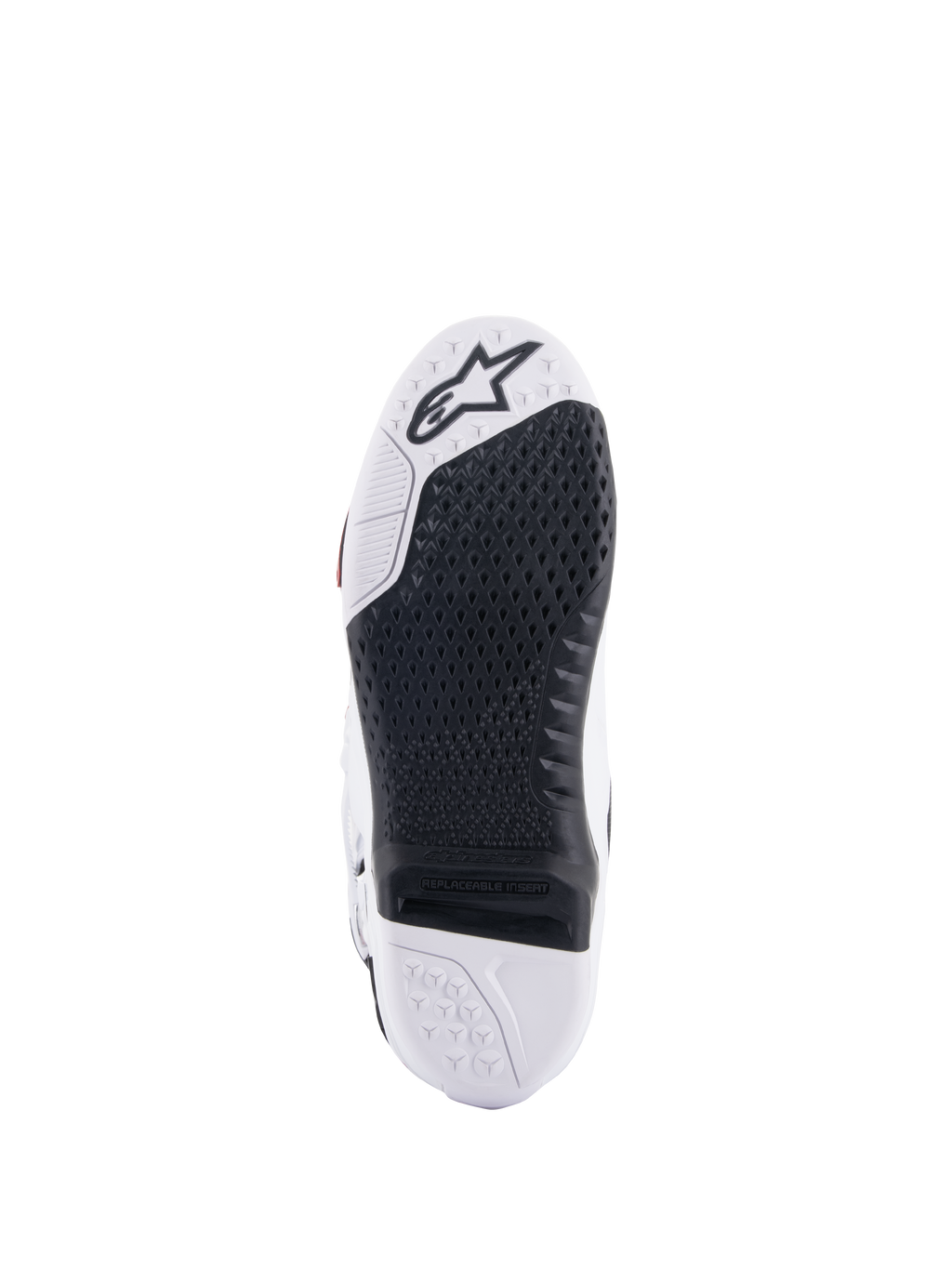 Alpinestars Tech 10 Stiefel, Motocross-Stiefel, Unteransicht mit schwarzem austauschbarem Mitteleinsatz und weißer Sohle, strukturiertes Profilmuster, Alpinestars-Sternlogo im Zehenbereich, strapazierfähiges Offroad-Schuhwerk