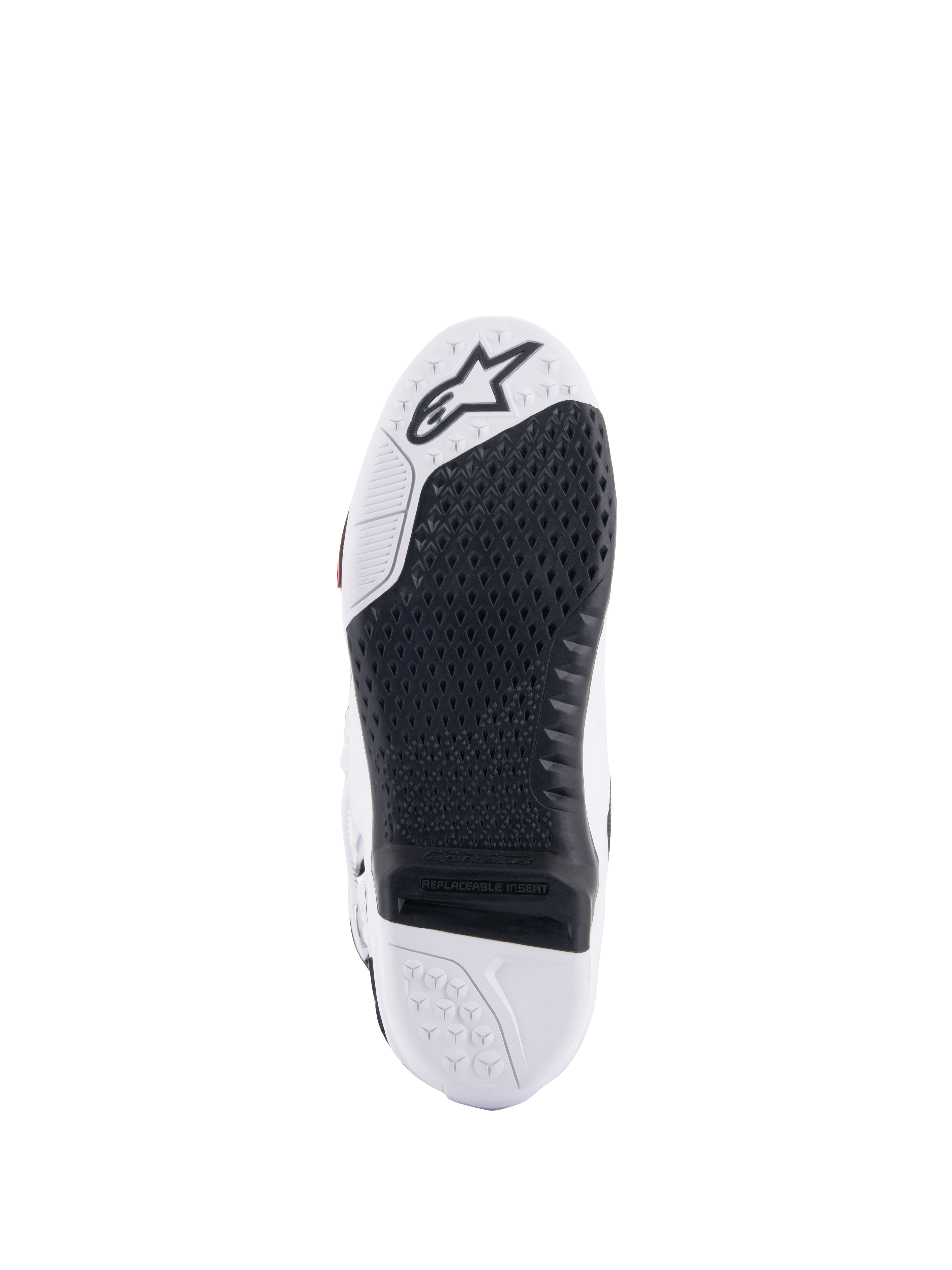 Alpinestars Tech 10 Stiefel, Motocross-Stiefel, Unteransicht mit schwarzem austauschbarem Mitteleinsatz und weißer Sohle, strukturiertes Profilmuster, Alpinestars-Sternlogo im Zehenbereich, strapazierfähiges Offroad-Schuhwerk