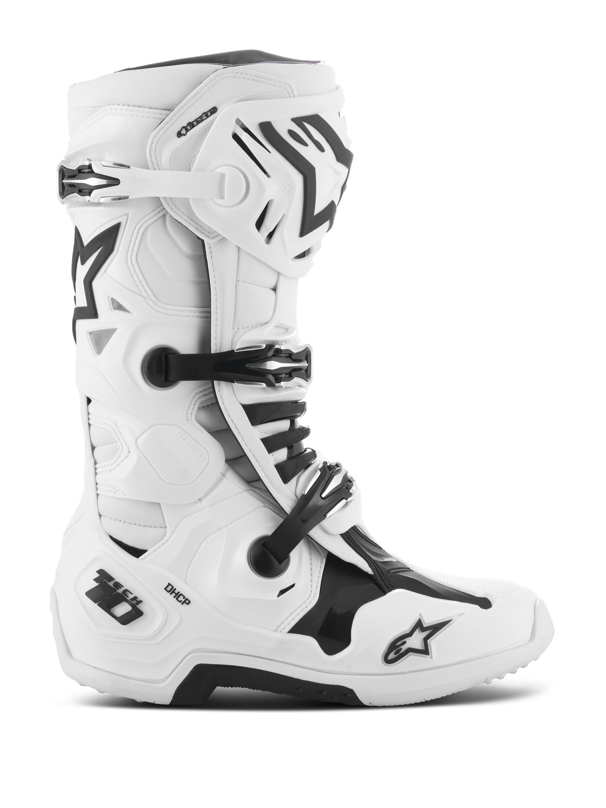 Alpinestars Tech 10 Boots, Motocross Racing Boots, White and Black, triple buckle closure system, reinforced TPU shell with 'Tech 10' and 'DHCP' branding, thick rugged sole, CE certified protective footwear for off-road racing