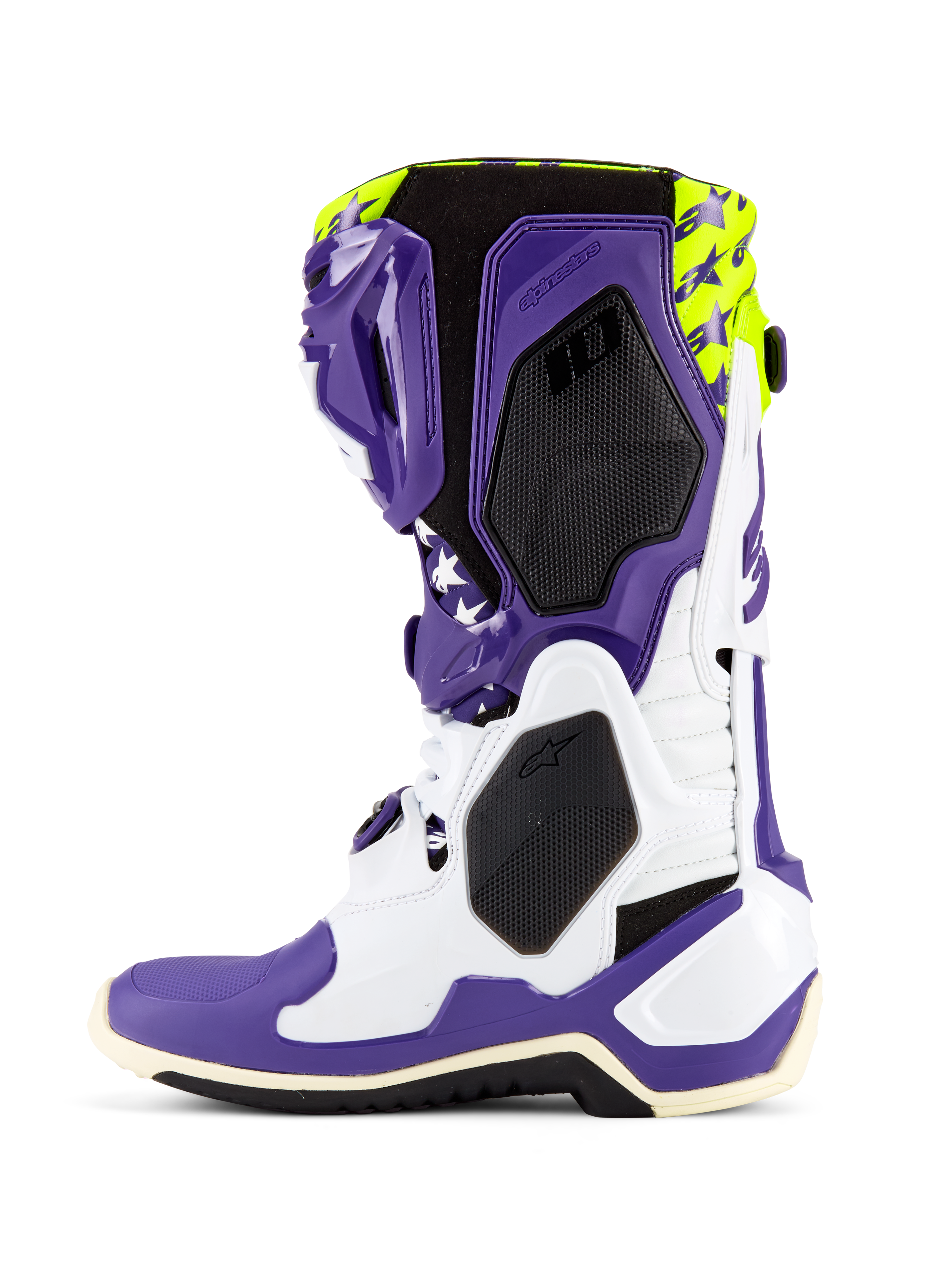 Alpinestars Tech 10 Dirt Studios® LE Boots, Motocross Boots, White Purple and Yellow Fluo, side view showing a white and purple TPU chassis, yellow fluo top with star graphics, black honeycomb textured panels, and professional-grade off-road racing design.