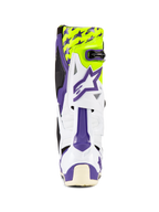 Alpinestars Tech 10 Dirt Studios® LE Boots, Motocross Boots, White Purple and Yellow Fluo, rear view, featuring purple star graphics on a fluorescent yellow background, white TPU shell with purple accents, professional off-road protective footwear