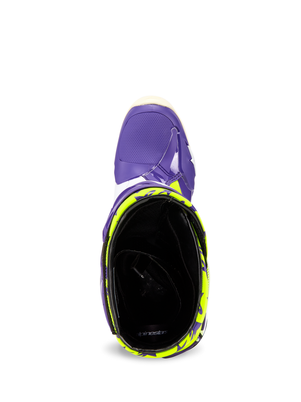 Alpinestars Tech 10 Dirt Studios® LE Boots, top-down view looking into the ankle opening, purple shell with fluo yellow patterns, black interior lining, high-performance motocross footwear.