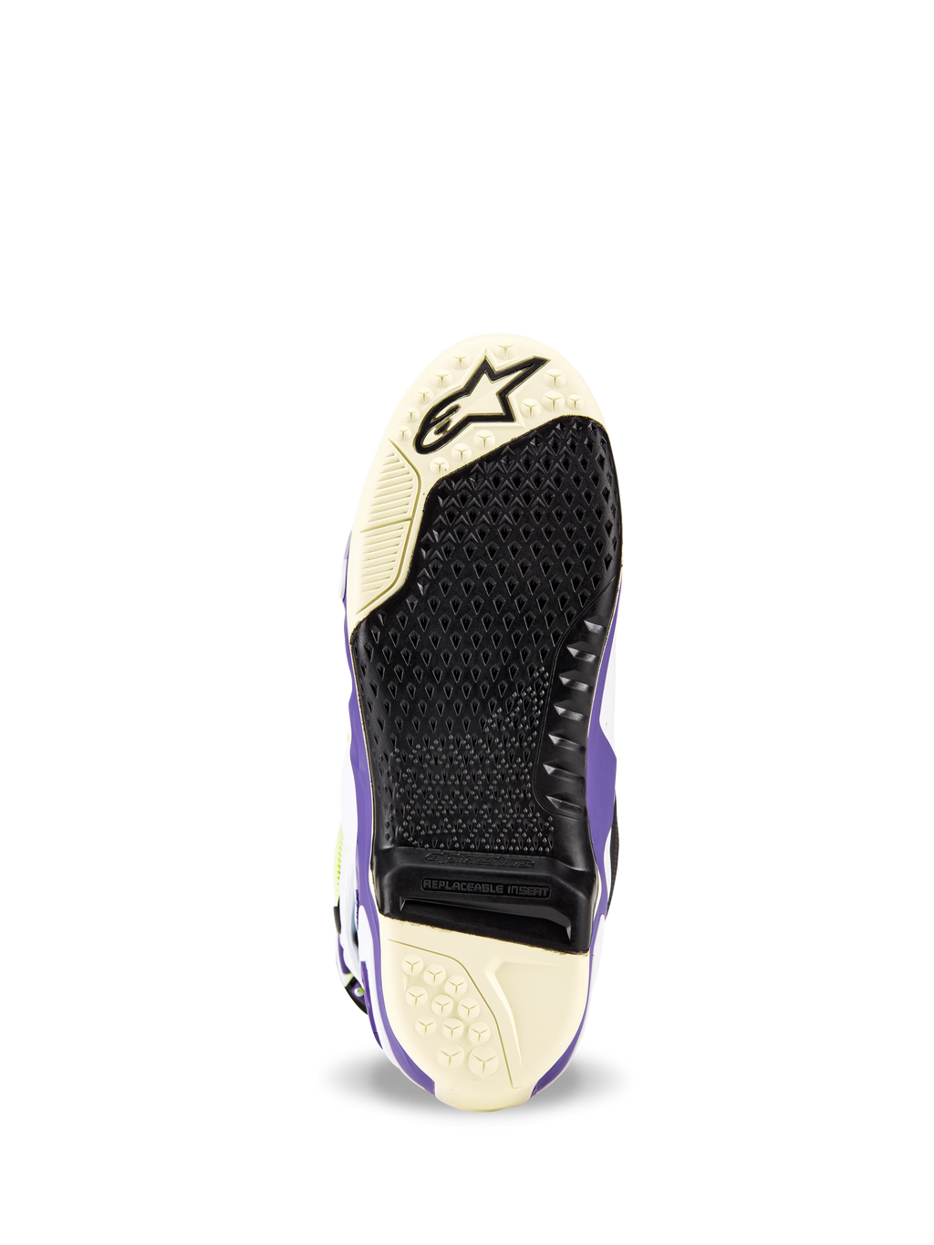 Alpinestars Tech 10 Dirt Studios® LE Boots, sole view, White Purple and Black, textured grip pattern with replaceable central insert, Alpinestars logo at the toe, durable motocross boot sole design