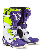 Alpinestars Tech 10 Dirt Studios LE Boots, Motocross Boots, White Purple and Yellow Fluo, featuring white and purple protective shells with fluo yellow accents, 'Dirt Studios' branding, and white buckles, limited edition high-performance off-road footwear