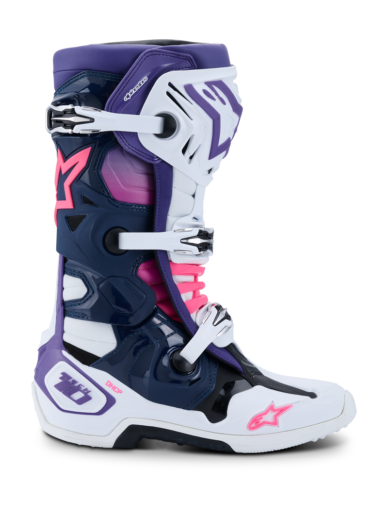 Alpinestars Tech 10 Boots, Motocross Boots, White, Violet, Navy Blue, and Pink Fluo, side view featuring triple buckle closure, protective TPU chassis, Alpinestars star logos, and DHCP branding, high-performance off-road racing footwear