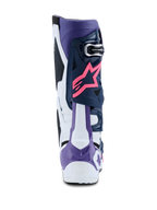 Alpinestars Tech 10 Boots, Motocross Boots, White Violet Navy Blue and Pink Fluo, rear view featuring pink Alpinestars star logo, violet heel protector, and high-performance multi-colored protective panels