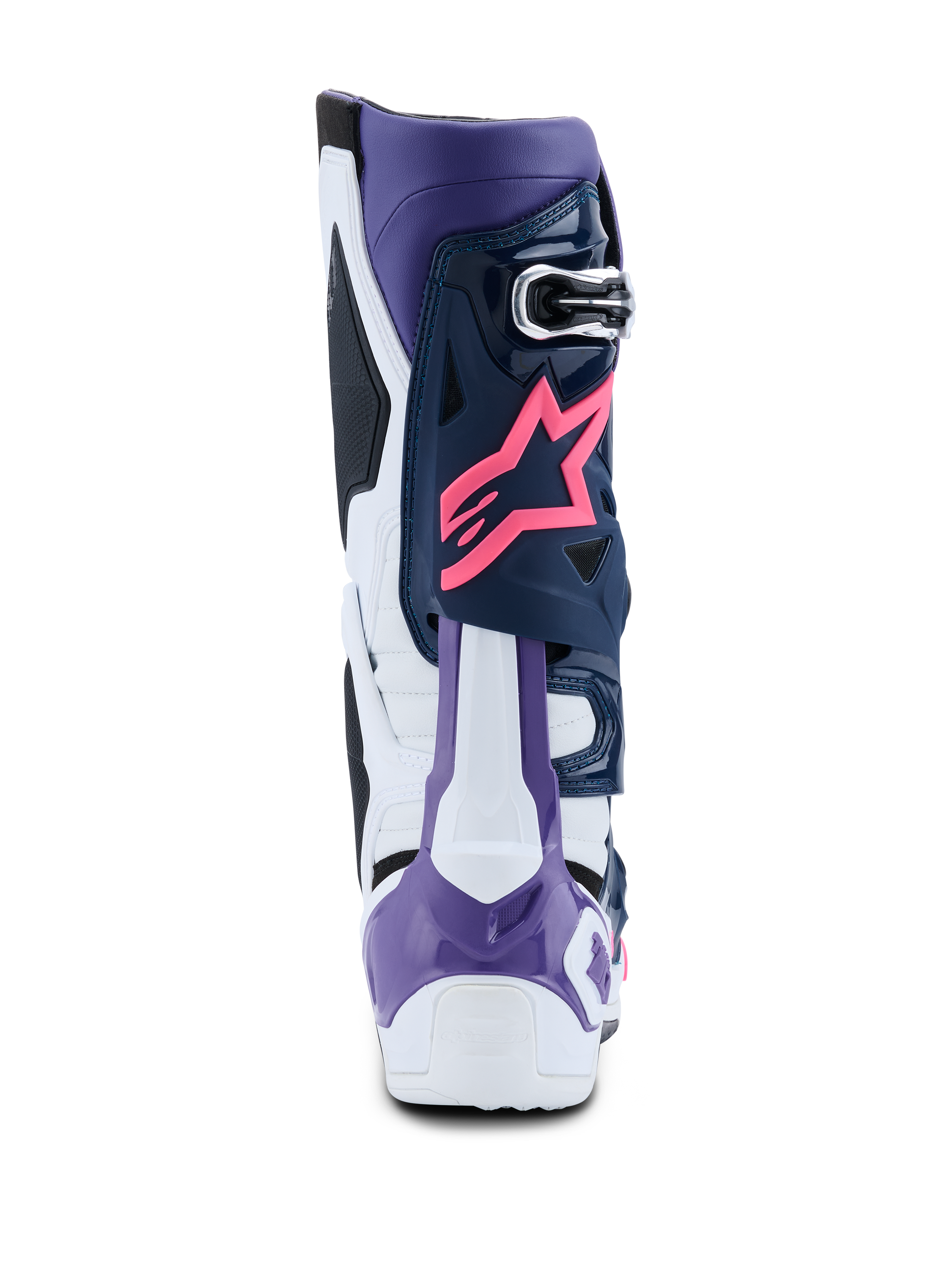 Alpinestars Tech 10 Boots, Motocross Boots, White Violet Navy Blue and Pink Fluo, rear view featuring pink Alpinestars star logo, violet heel protector, and high-performance multi-colored protective panels