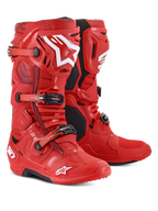 Alpinestars Tech 10 Boots, Motocross Boots, Red with white logos, featuring triple buckle closure system and black soles, durable off-road racing footwear
