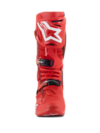 Alpinestars Tech 10 Boots, Motocross Boots, Red, front view featuring a large white Alpinestars logo on the shin plate, black buckle closures, and durable TPU shell for off-road racing performance.