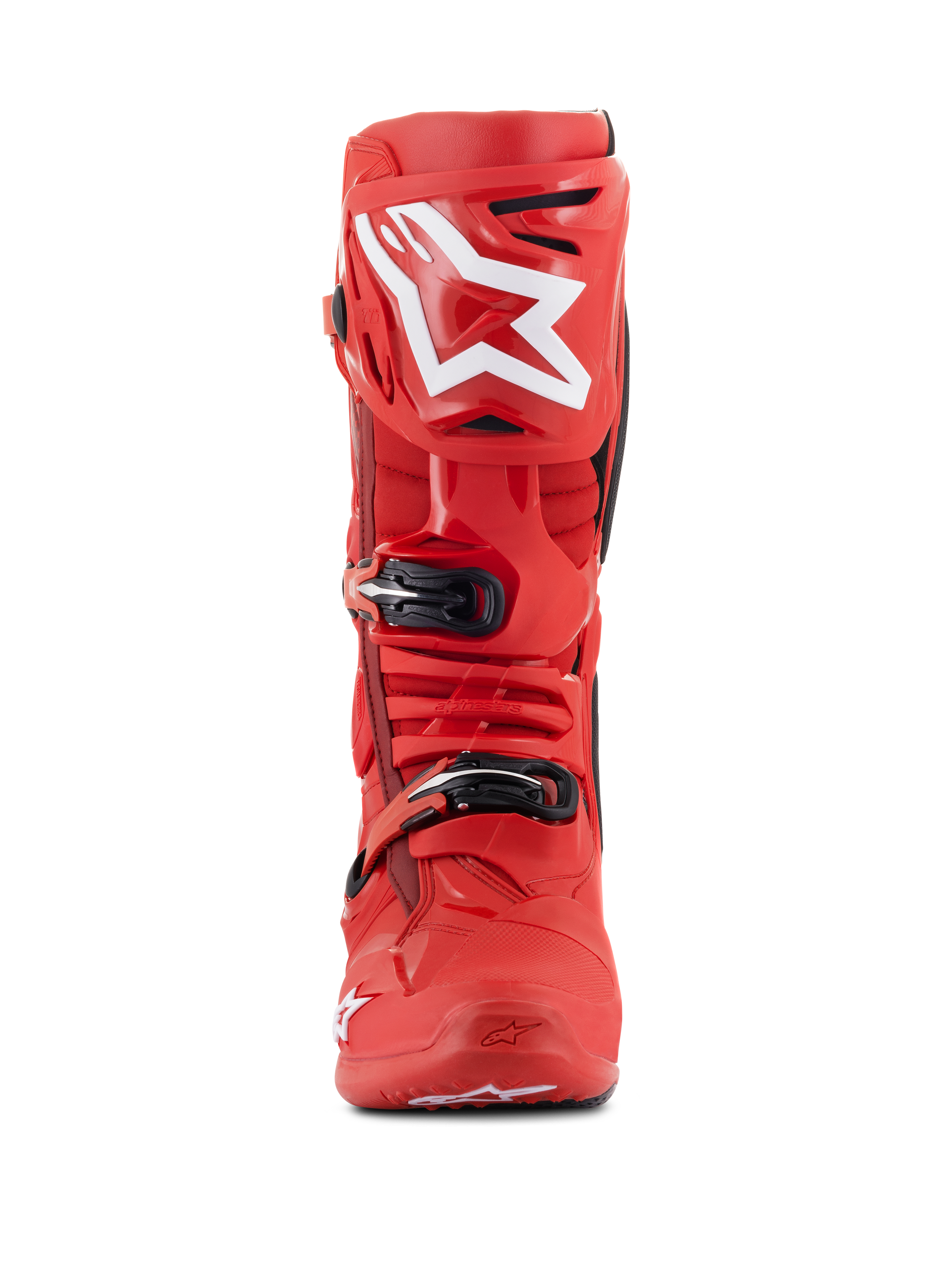 Alpinestars Tech 10 Boots, Motocross Boots, Red, front view featuring a large white Alpinestars logo on the shin plate, black buckle closures, and durable TPU shell for off-road racing performance.