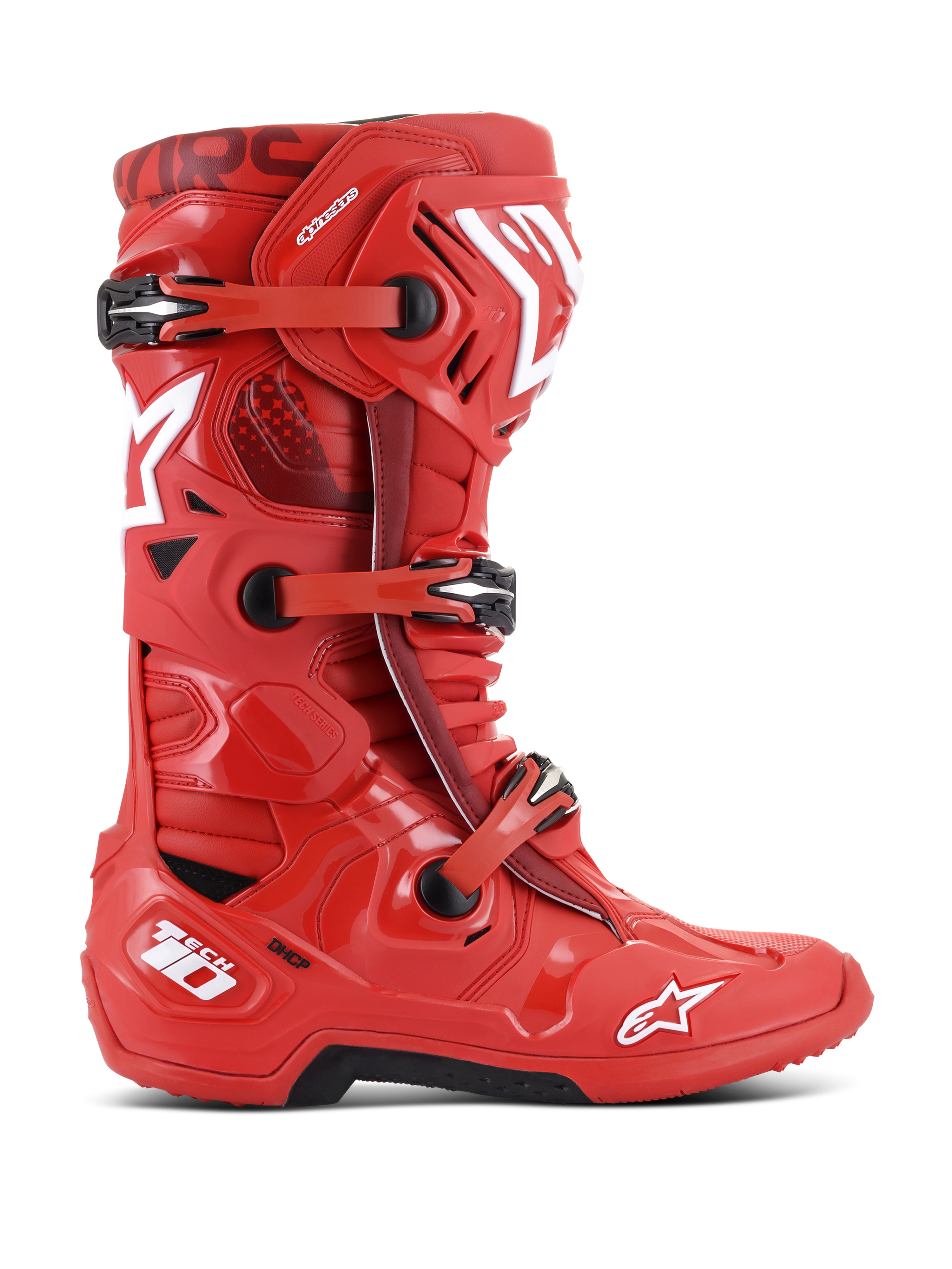Alpinestars Tech 10 Boots, Motocross Racing Boots, Red with white and black accents, side profile view featuring triple buckle closure system, reinforced TPU shell, white star logos, and DHCP technology branding