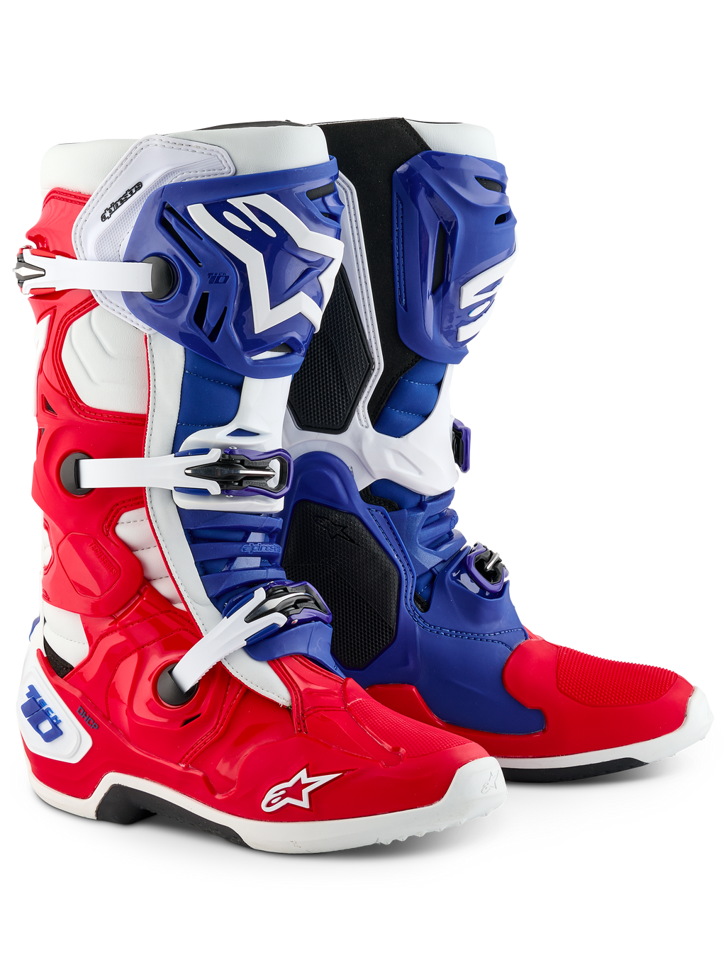 Alpinestars Limited Edition Fortitude Tech 10 Stiefel, Motocross-Stiefel, Leuchtendes Rot, Weiß und Blau, mit dreifachem Schnallenverschluss, Astars-Branding und patriotischem Design, strapazierfähige TPU- und Mikrofaser-Konstruktion für Elite-Offroad-Performance