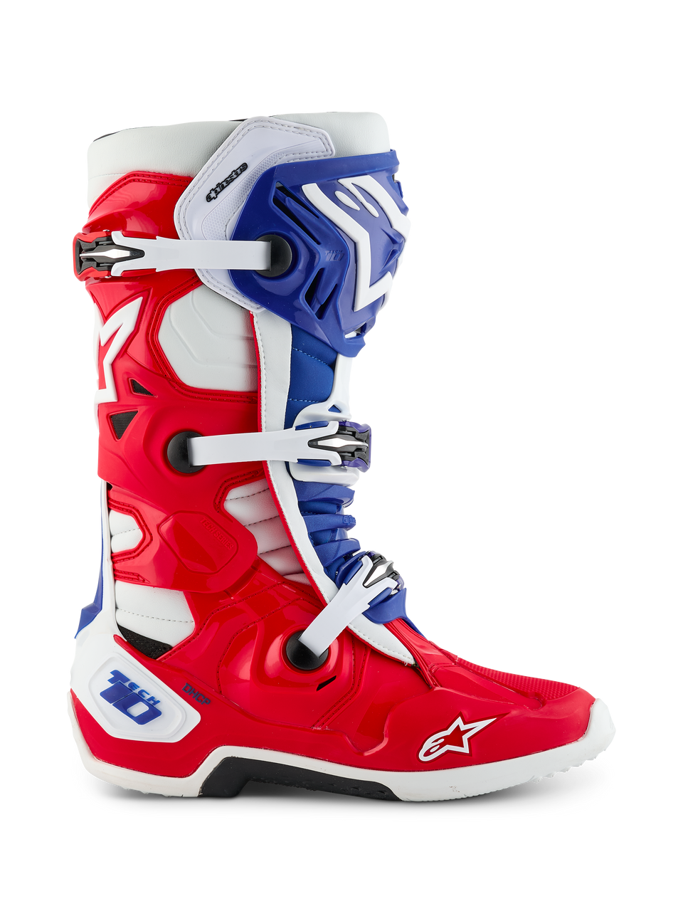 Alpinestars Limited Edition Fortitude Tech 10 Boot, Motocross Boot, Bright Red White and Blue patriotic design, side view featuring triple buckle closure, protective TPU shell, and Alpinestars logo on the toe, elite performance off-road footwear