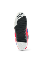 Alpinestars Limited Edition Fortitude Tech 10 Stiefel, Sohlenansicht des Motocross-Stiefels, schwarz-weißes strukturiertes Gripmuster, austauschbarer zentraler Einsatz, Akzente in Bright Red, White und Blue, strapazierfähige Konstruktion für Offroad-Performance