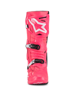 Alpinestars Tech 10 Boots, Motocross Boots, Diva Pink and White, front view, featuring white star logo on the shin plate, durable TPU shell with black and white buckles, professional off-road racing footwear