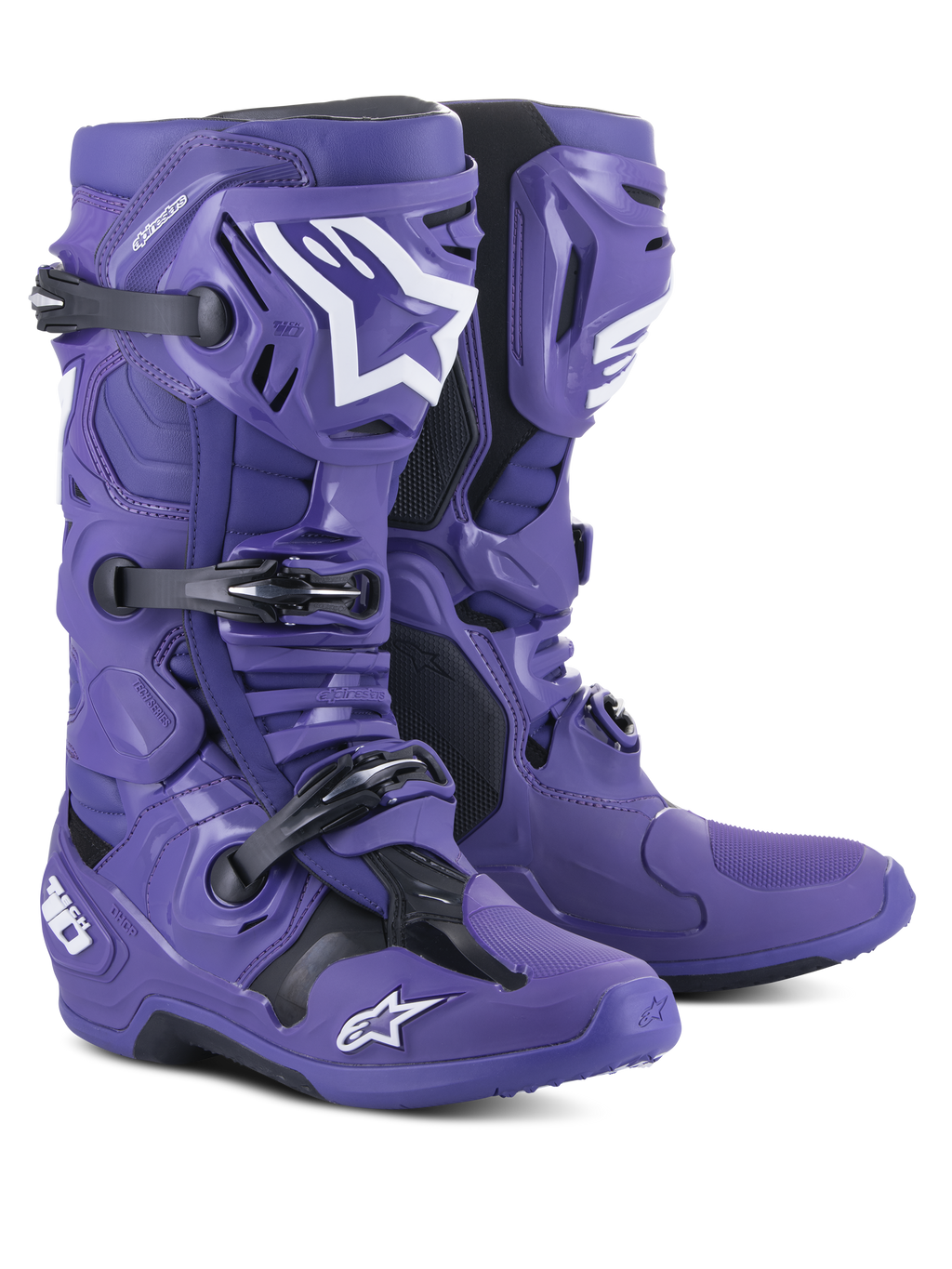 Alpinestars Tech 10 Motocross-Stiefel, Ultraviolett Lila mit schwarzen und weißen Akzenten, Dreifach-Schnallen-Verschlusssystem, TPU-Schutzschale und Alpinestars Stern-Logos, Hochleistungs-Offroad-Rennsport-Fußbekleidung