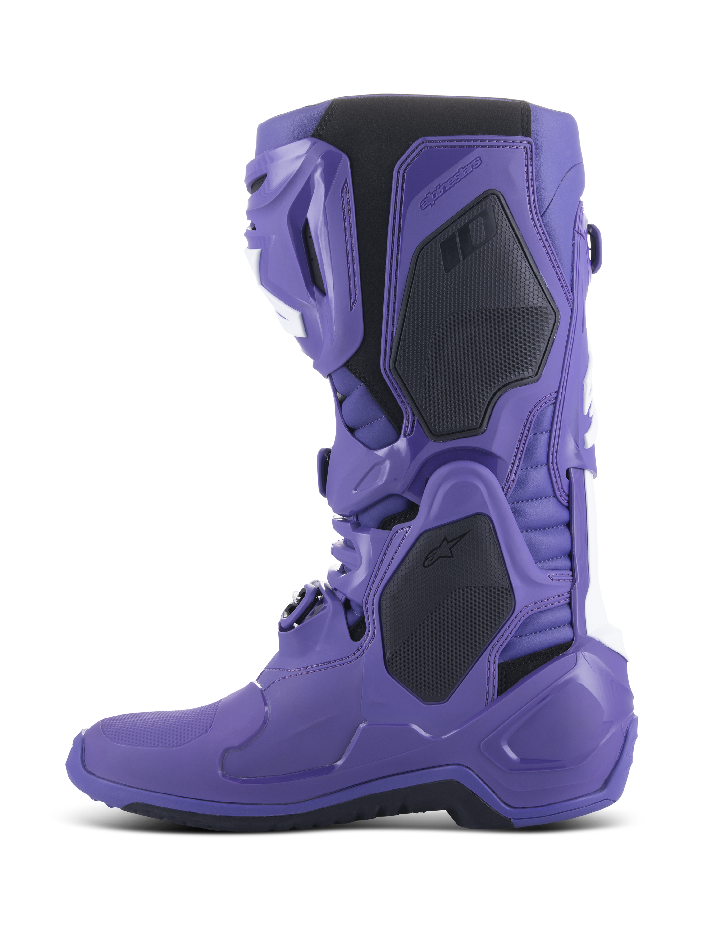 Alpinestars Tech 10 Stiefel, Motocross-Stiefel, Ultraviolet Black, Seitenansicht, leuchtend lila TPU-Schale mit schwarzen und weißen Akzenten, fortschrittliches Schnallenverschlusssystem und verstärkte Schutzpaneele für Offroad-Performance.