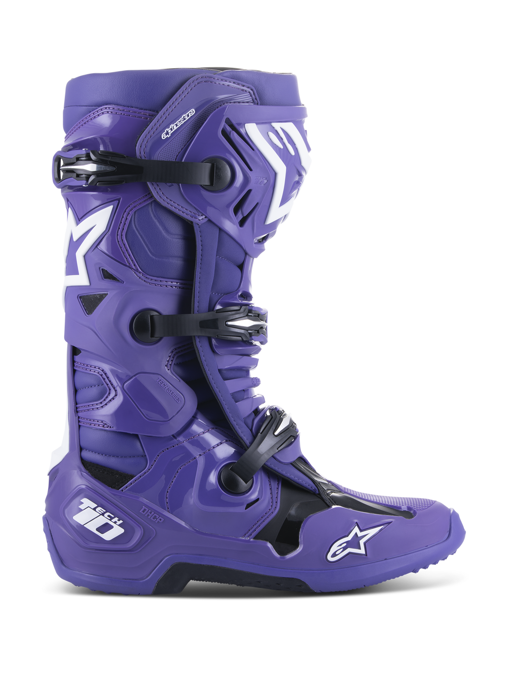 Alpinestars Tech 10 Stiefel, Motocross-Offroad-Stiefel, Ultraviolet-Lila mit schwarzen und weißen Akzenten, Dreifach-Schnallen-Verschluss, weiße Stern-Logos, Tech 10 Branding an der Ferse, robuste Sohle, leistungsstarkes Schutzschuhwerk