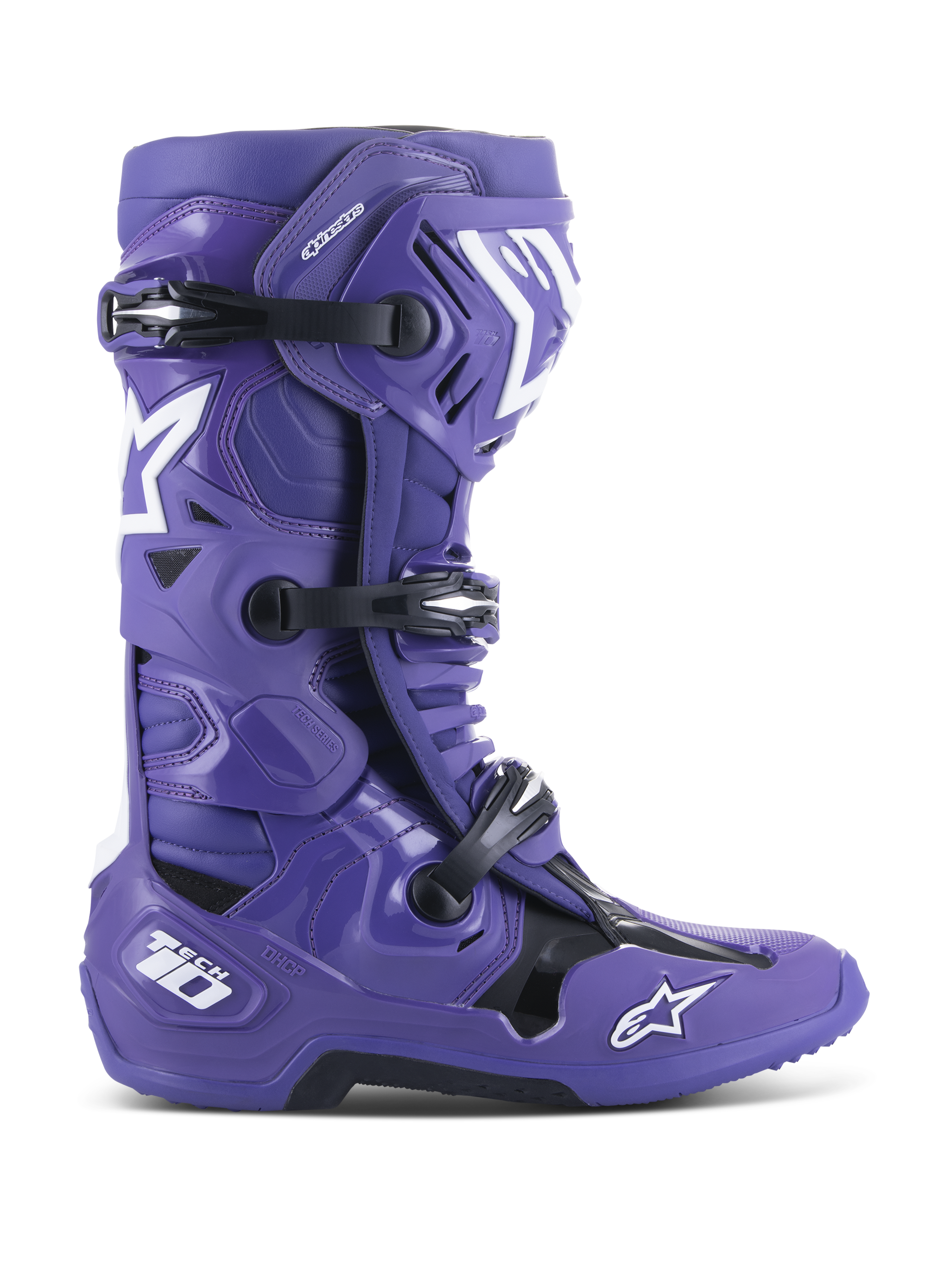 Alpinestars Tech 10 Stiefel, Motocross-Offroad-Stiefel, Ultraviolet-Lila mit schwarzen und weißen Akzenten, Dreifach-Schnallen-Verschluss, weiße Stern-Logos, Tech 10 Branding an der Ferse, robuste Sohle, leistungsstarkes Schutzschuhwerk