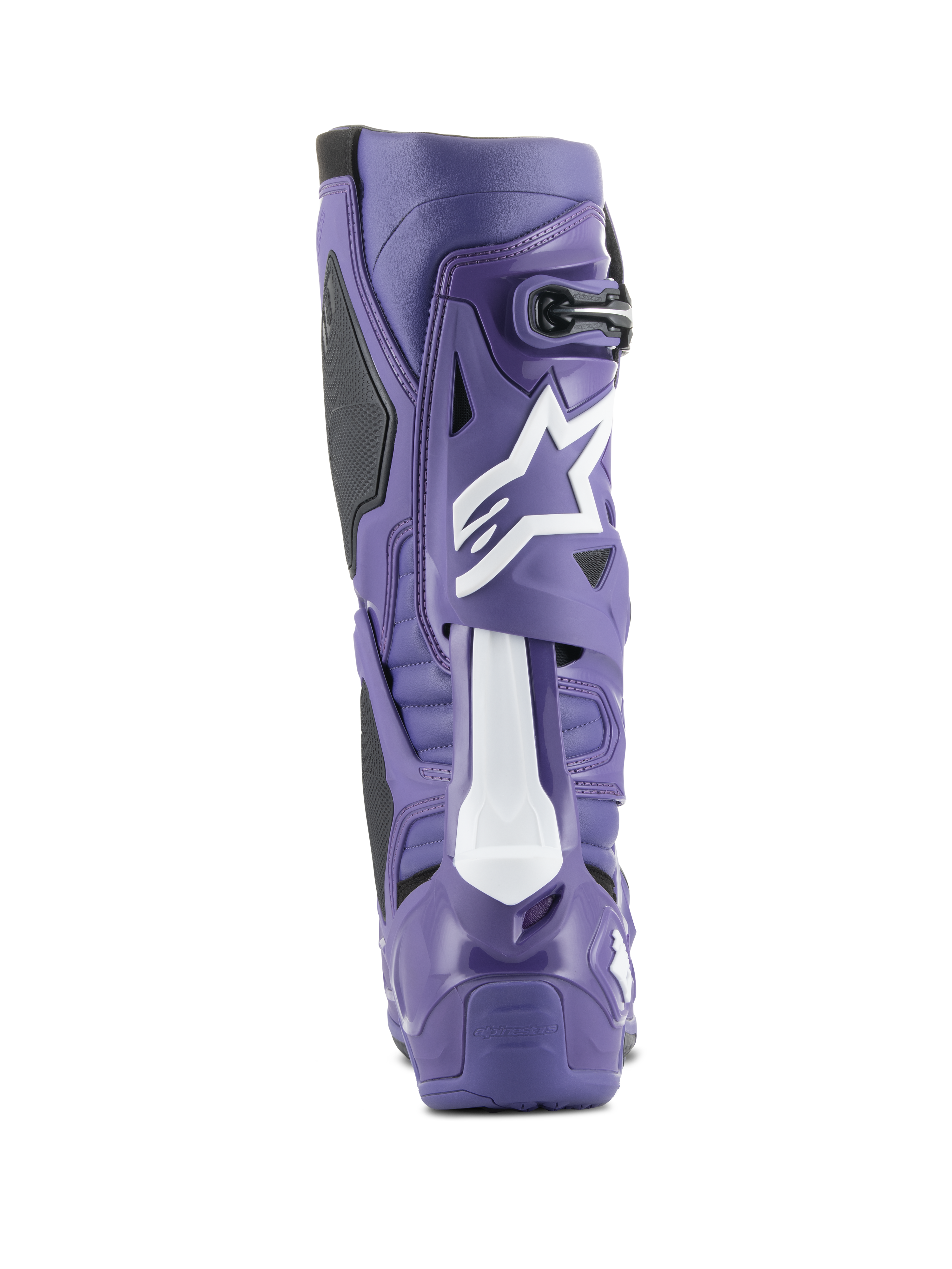 Alpinestars Tech 10 Motocross-Stiefel, Ultraviolett und Schwarz, Rückansicht zeigt hochdichte TPU-Schale, weißes Astars-Logo an der Wade und verstärkte Ferse für den Offroad-Rennsport