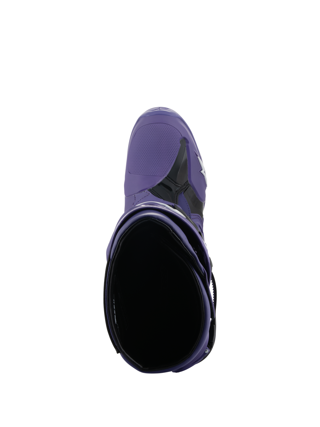Alpinestars Tech 10 Stiefel, Motocross-Stiefel, Ultraviolet Black, Draufsicht mit Blick in die Einstiegsöffnung, lila Mikrofaser- und schwarze TPU-Konstruktion mit weißem Logo, professionelles Offroad-Rennschuhwerk