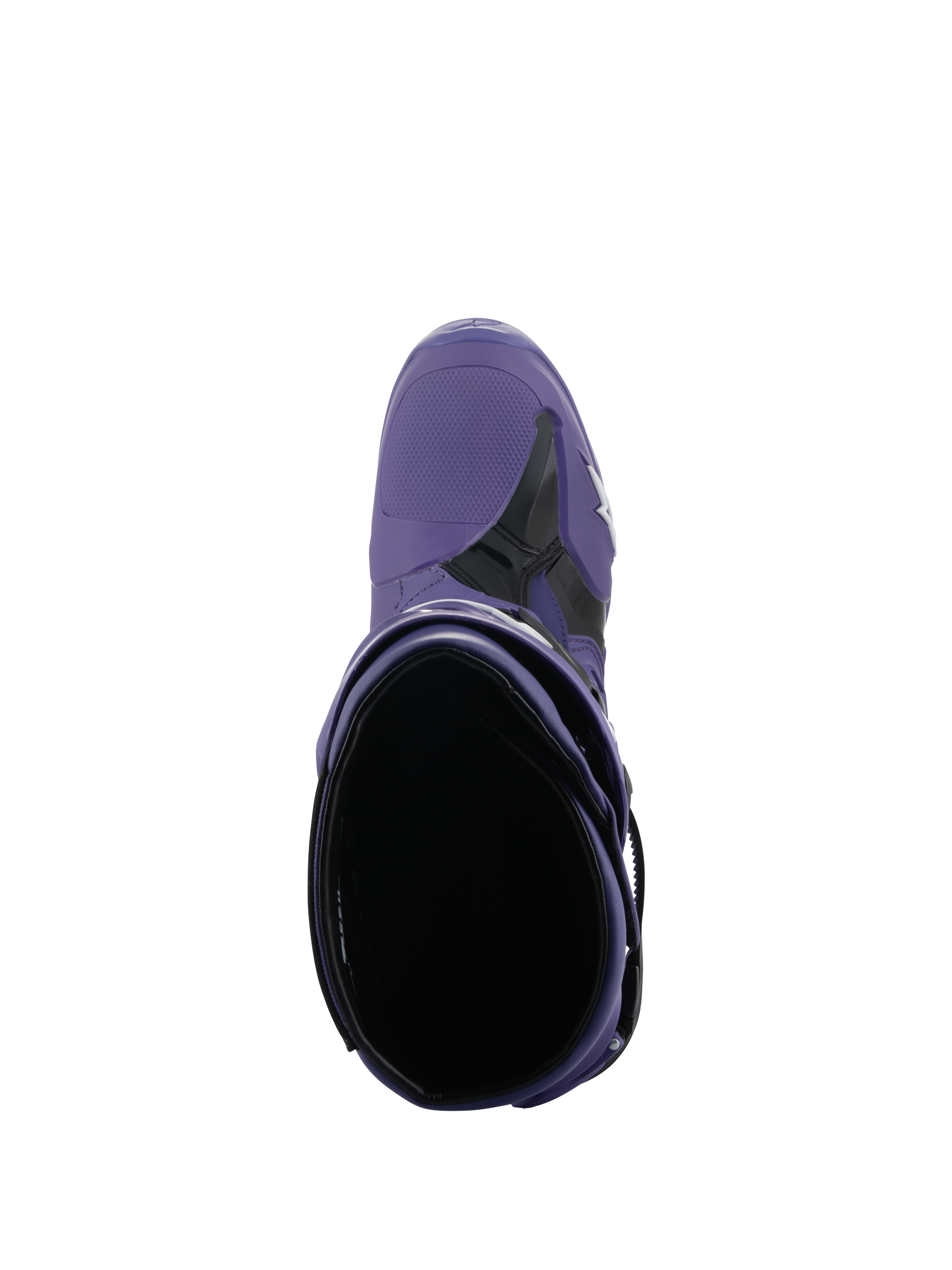 Alpinestars Tech 10 Stiefel, Motocross-Stiefel, Ultraviolet Black, Draufsicht mit Blick in die Einstiegsöffnung, lila Mikrofaser- und schwarze TPU-Konstruktion mit weißem Logo, professionelles Offroad-Rennschuhwerk