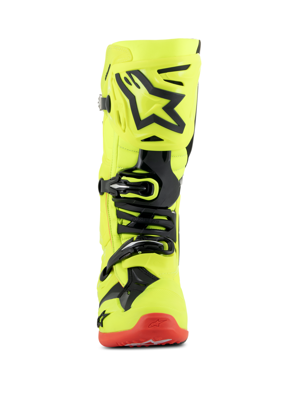 Alpinestars Tech 10 Stiefel, Motocross-Stiefel, Gelb Fluo Schwarz und Rot Fluo, Frontansicht, neongelbes Chassis mit schwarzen TPU-Akzenten und Schnallensystem, rote Sohle, hochwertiges Schuhwerk für den Offroad-Rennsport