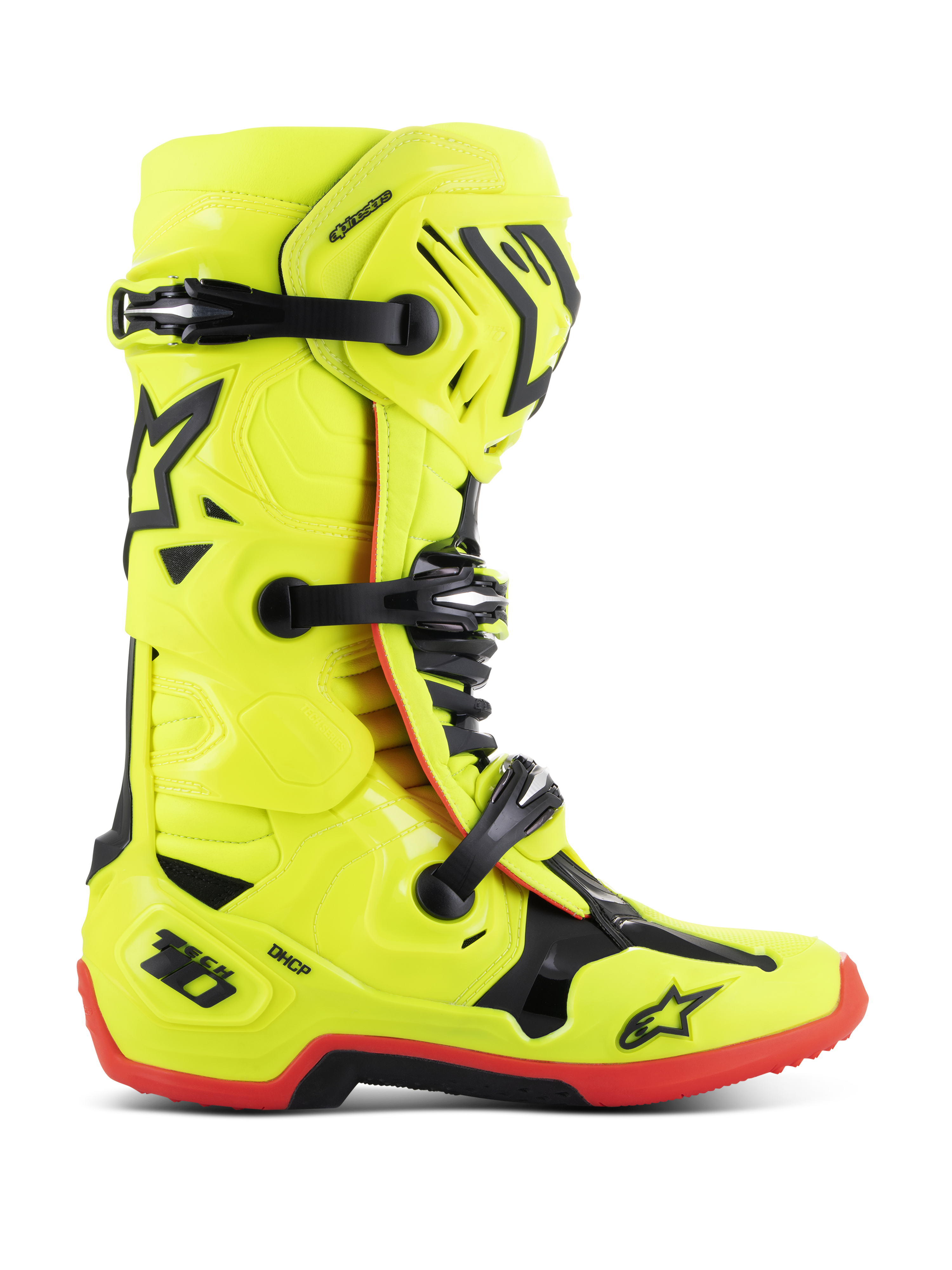 Alpinestars Tech 10 Stiefel, Motocross-Rennstiefel, Gelb Fluo mit schwarzen und roten Akzenten, Seitenansicht mit Dreifach-Schnallenverschluss, verstärkter Schienbeinplatte, roter griffiger Sohle und DHCP-Fersenschutz, professionelle Offroad-Motorradausrüstung